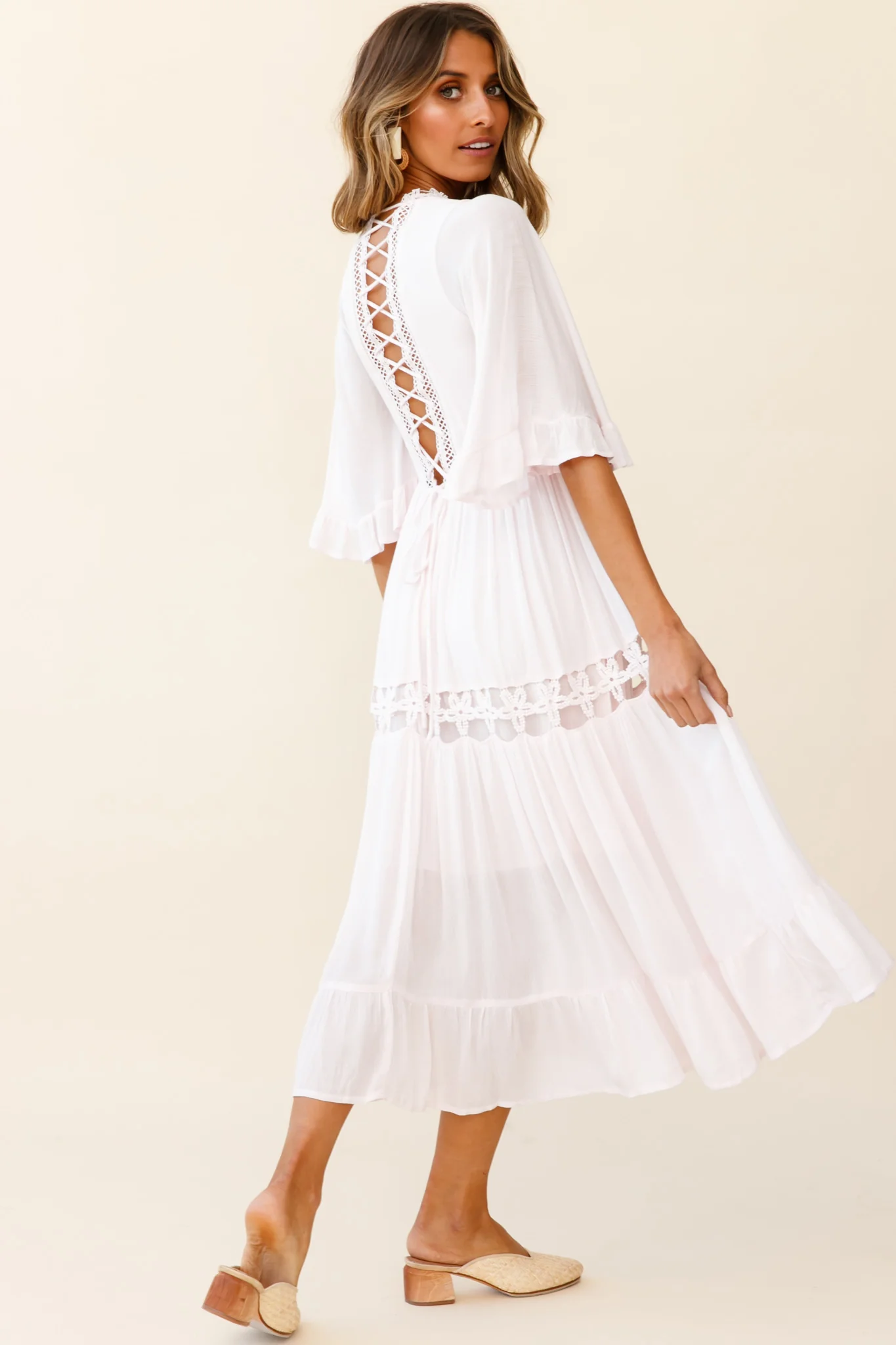 Feeling Groovy Bell Sleeve Crochet Trim Maxi Dress Pink - Sonourner