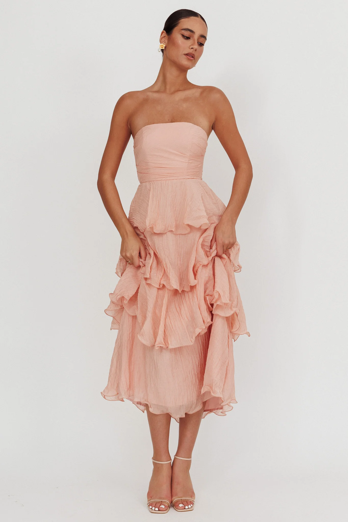 Giavana Strapless Layered Midi Dress Peach - Sonourner
