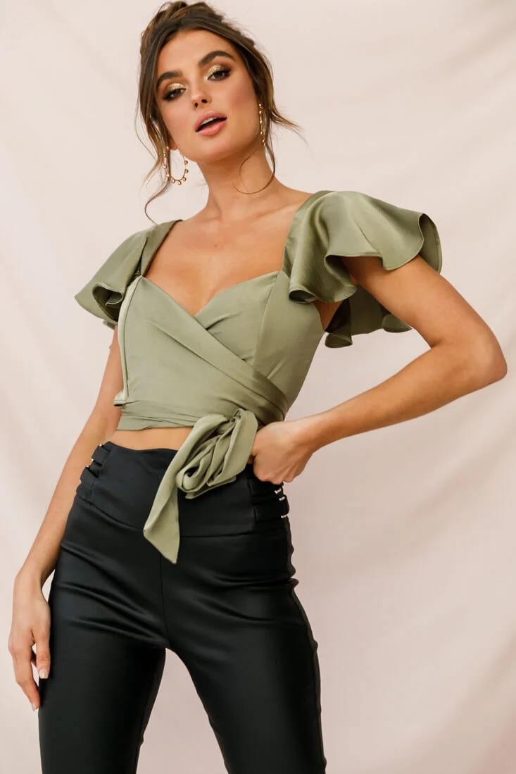 Marquise Wrap Crop Top Olive - Sonourner