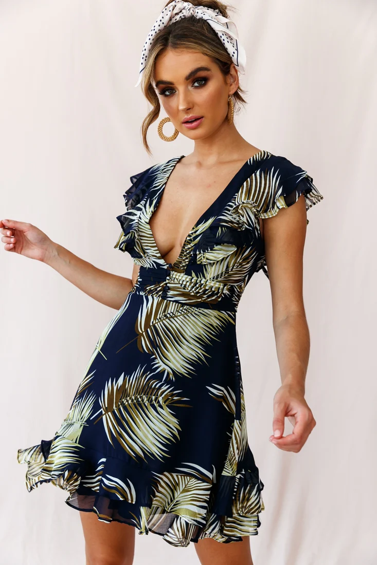 Shaina Pintuck Placket Empire Cut Dress Palm Print Navy - Sonourner