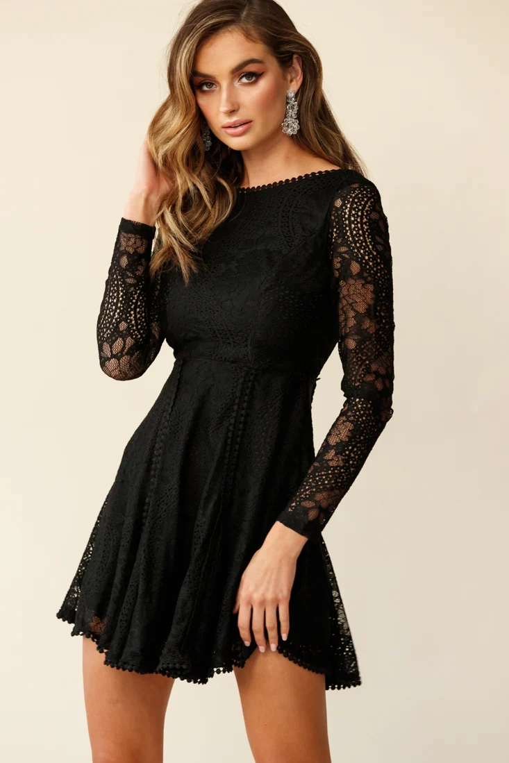 Palm Springs Lace Overlay Low Back Dress Black - Sonourner