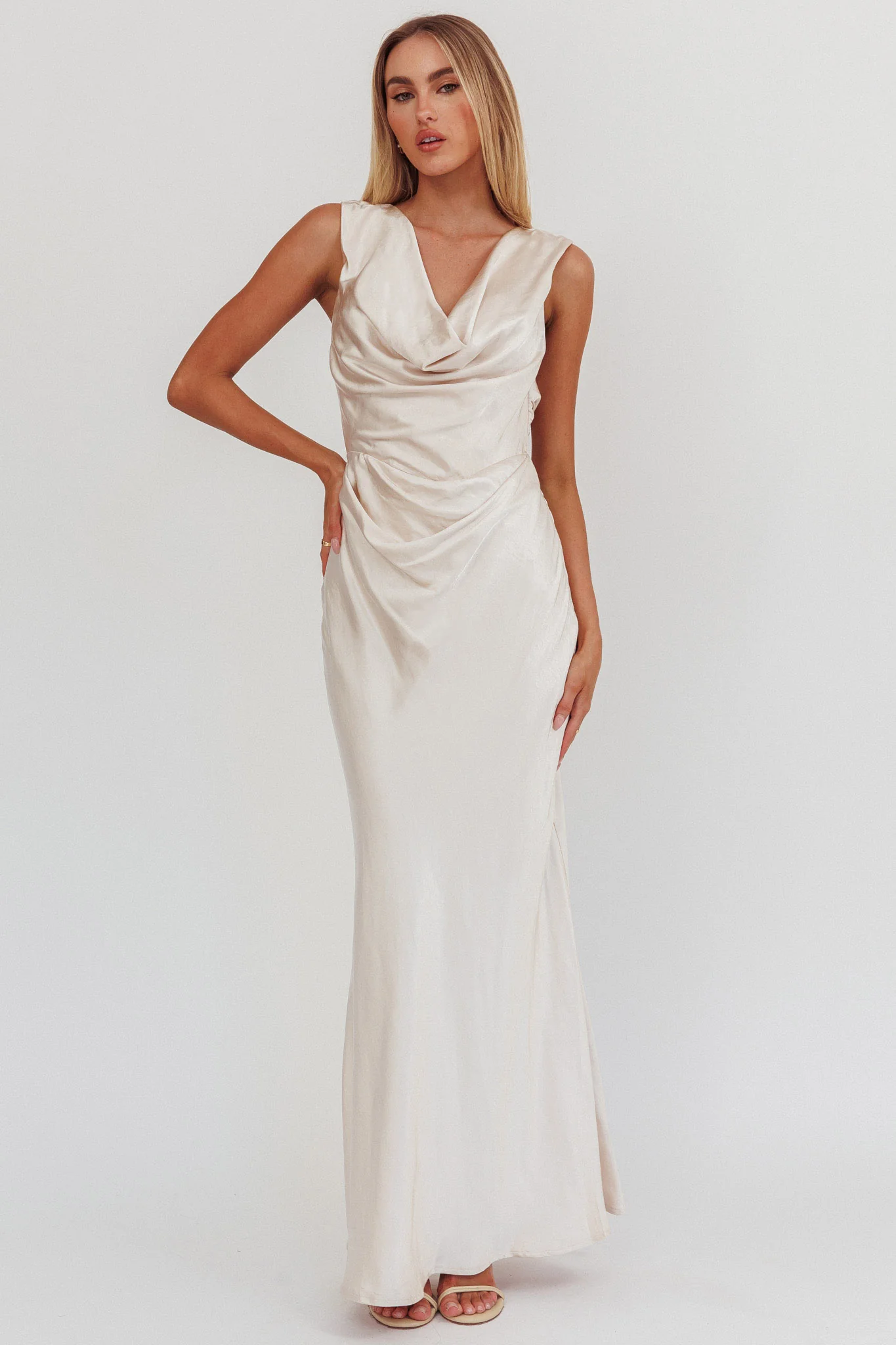 Chills Cowl Neck Satin Maxi Dress Champagne - Sonourner