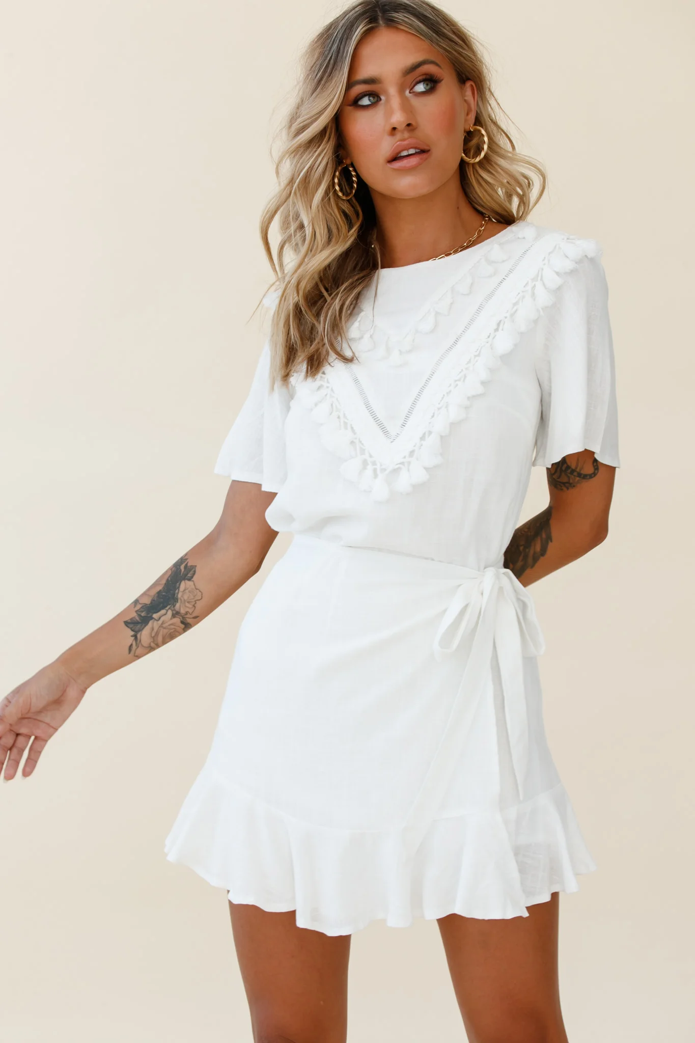 Angelique Tassel Bust Wrap Bottom Dress White - Sonourner
