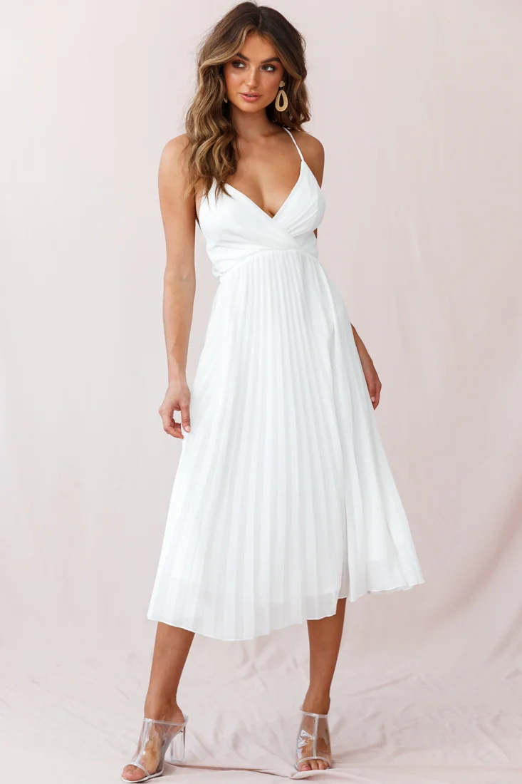 Artemis Accordion Pleat Strappy Back Midi Dress White - Sonourner