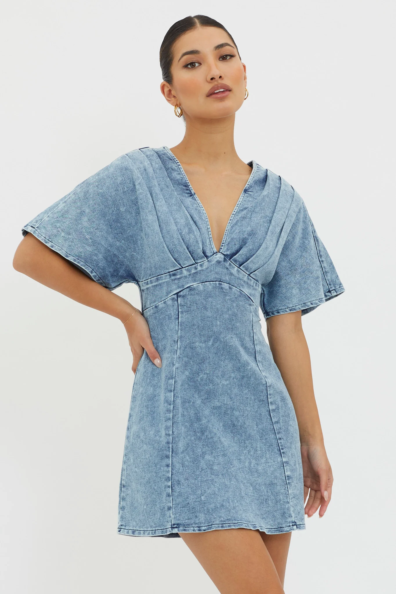 Jessika Pleated Bust Mini Dress Denim Blue - Sonourner