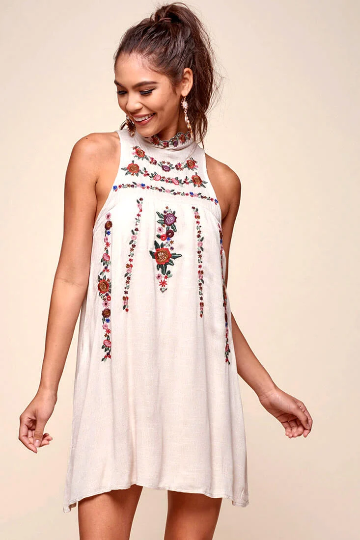 Shonda Floral Embroidered Detail Mid-Length Dress Beige - Sonourner