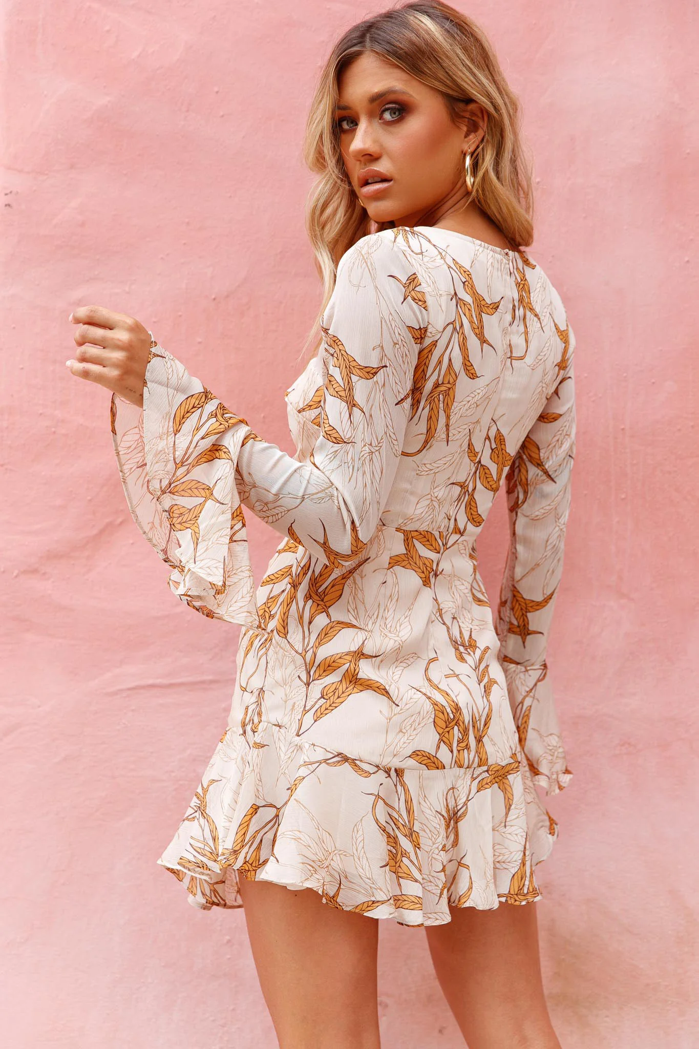 Adalia Long Sleeve Flared Cuff Dress Leaf Print Beige - Sonourner