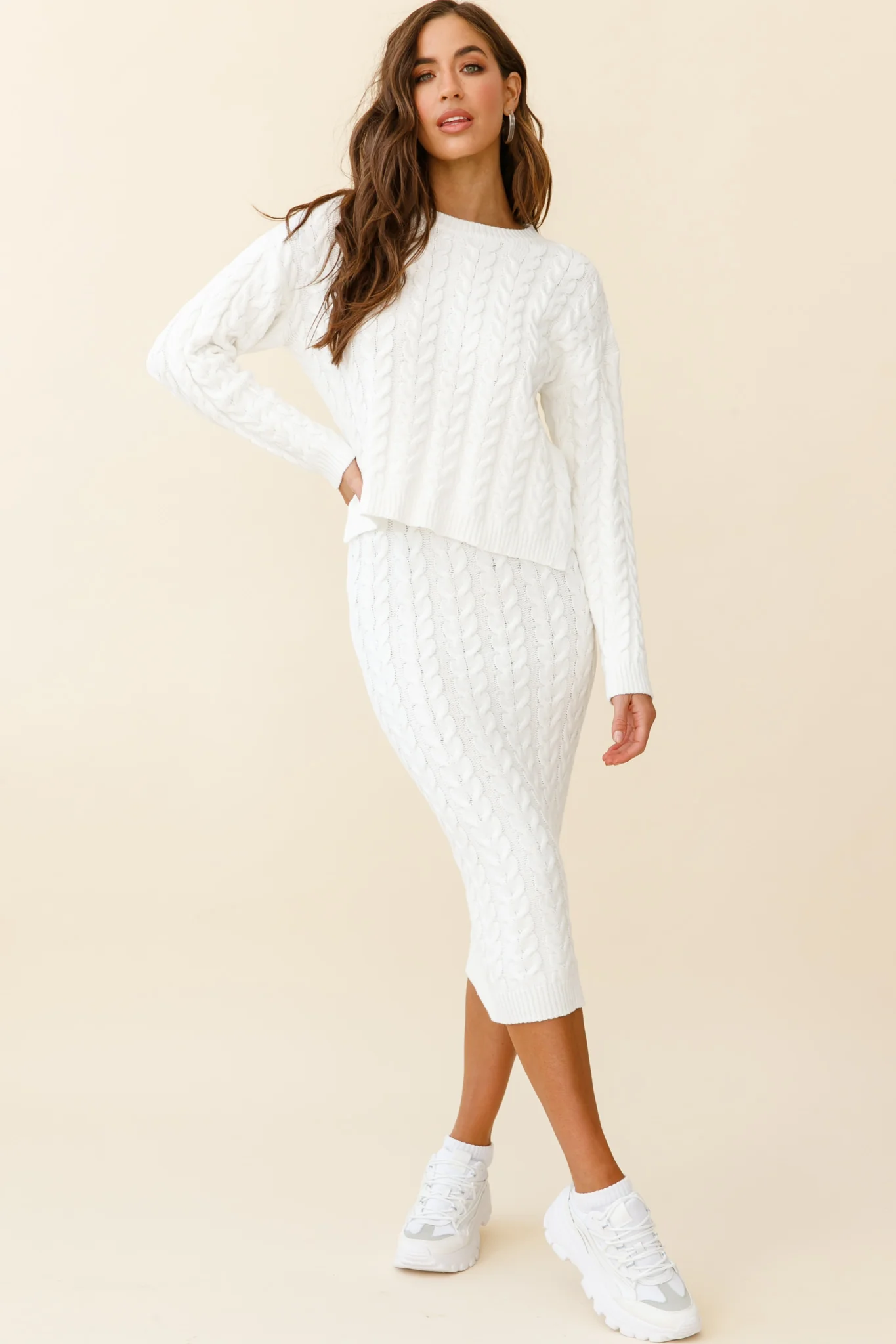 Cozy Up Cable Knit Midi Skirt White - Sonourner