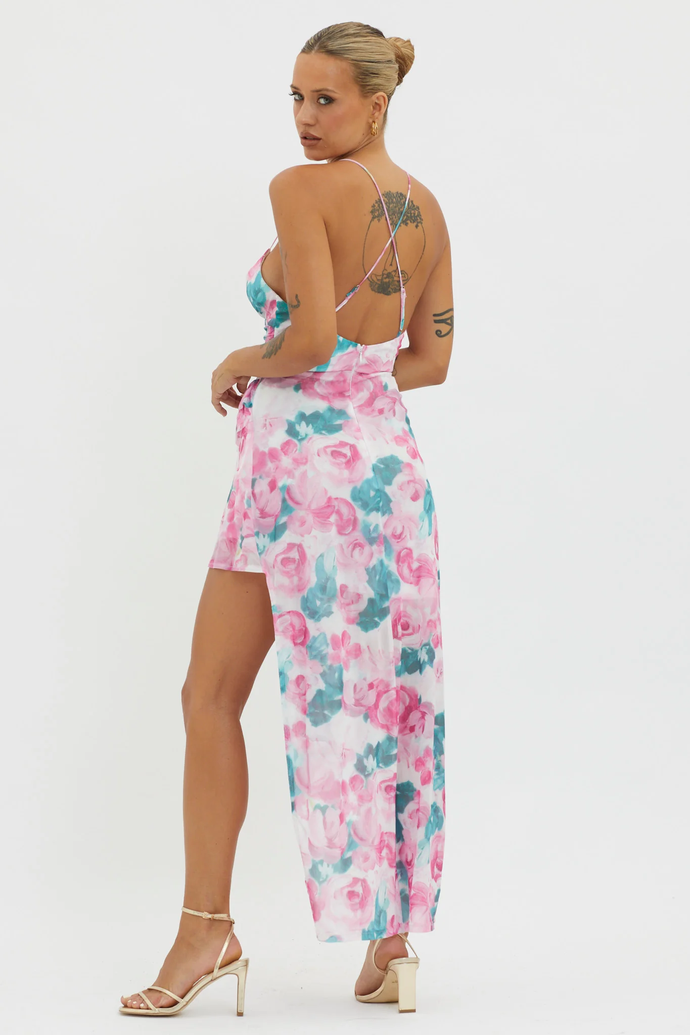 Check Mate Frill Trim Cut-Out Split Dress Floral Pink - Sonourner