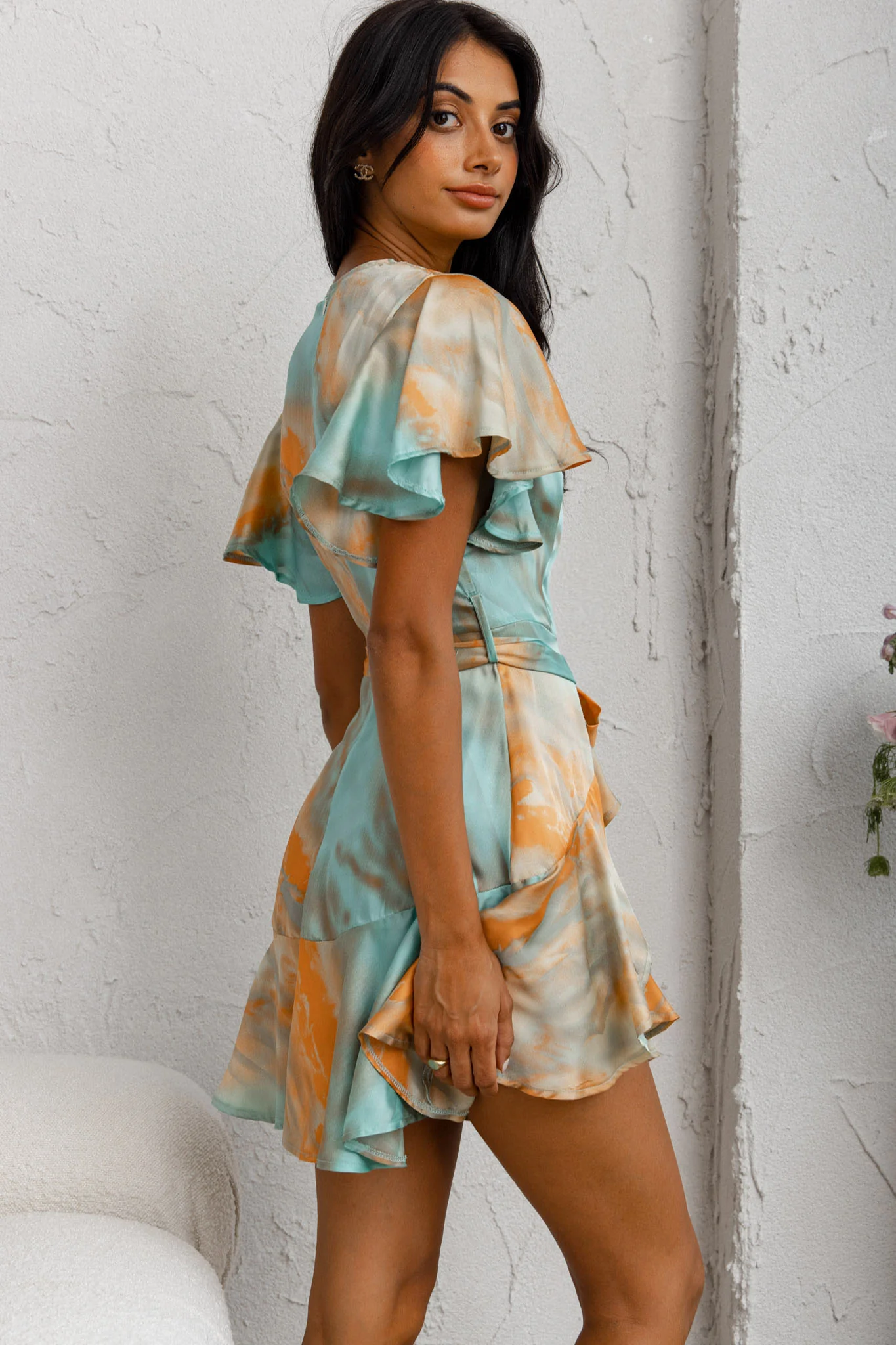 Cami Angel Sleeve Faux Wrap Dress Tie-Dye Print Aqua/Orange - Sonourner