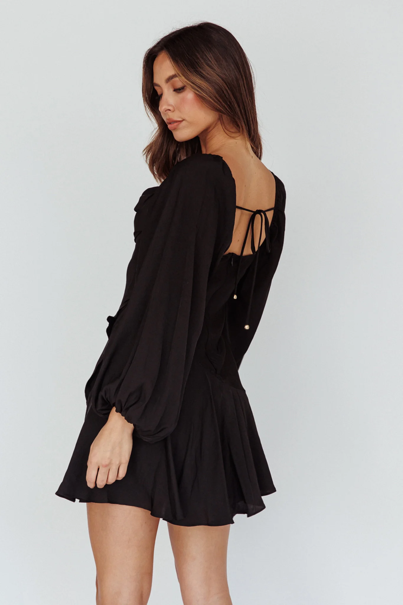 Beaujolais Long Sleeve Cowl Neckline Ruffle Satin Mini Dress Black - Sonourner