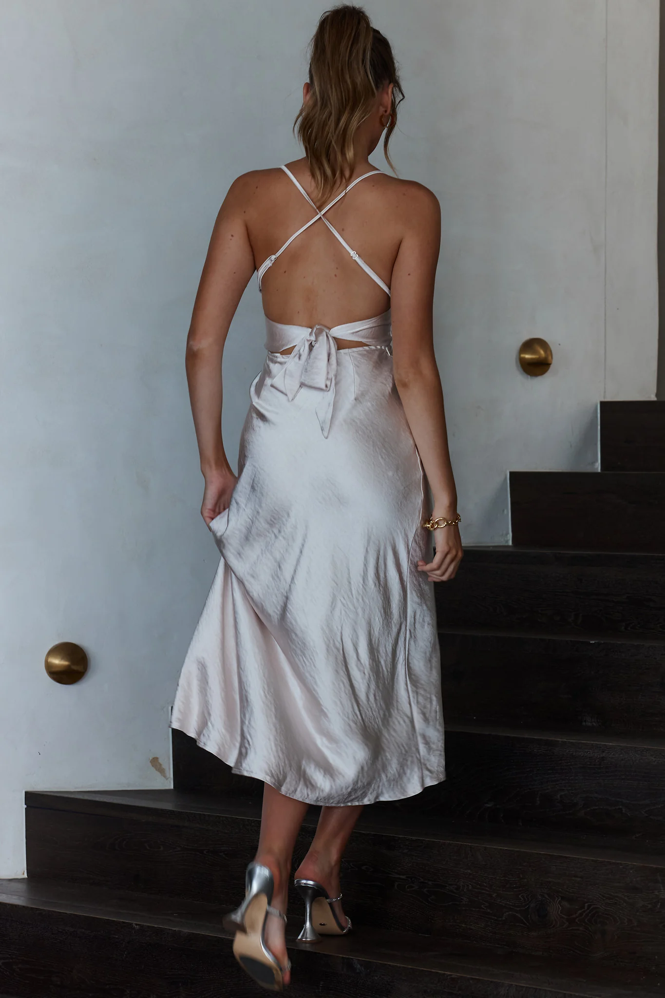 Lakoda Gathered Bust Bow Tie Back Midi Dress Champagne - Sonourner