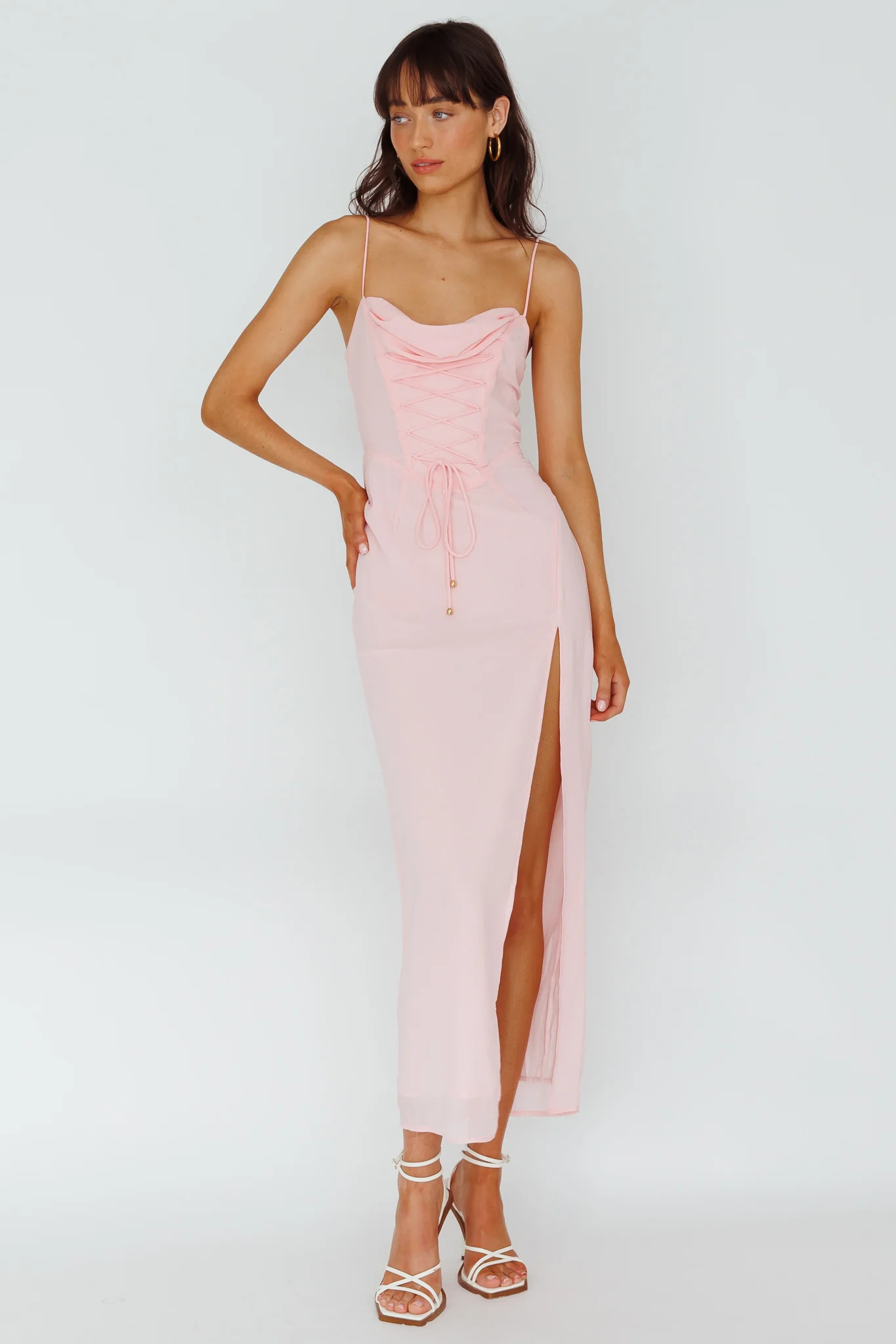 Ryanna Laced Bodice Split Midi Dress Pink - Sonourner