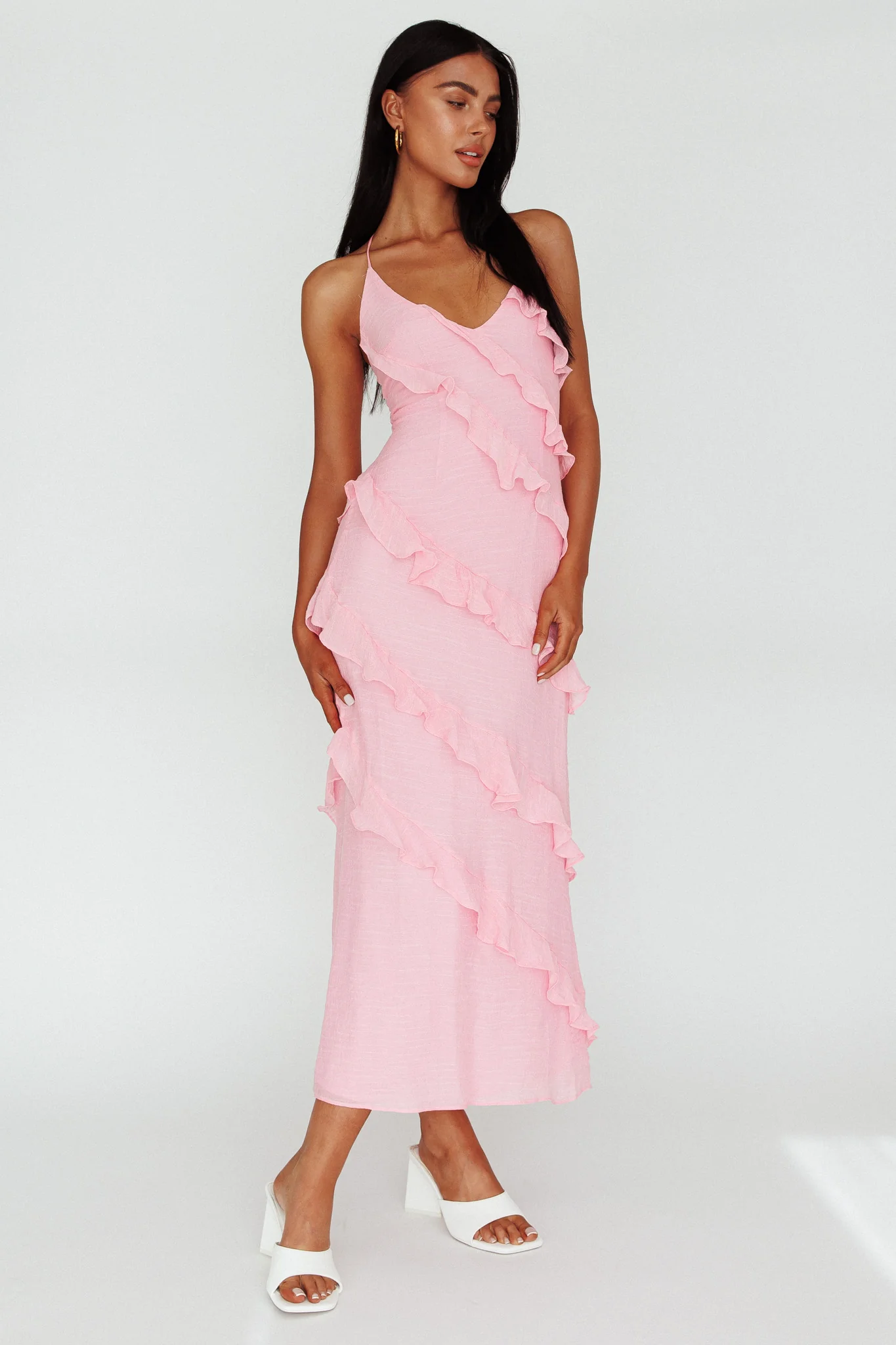 Arrabel Halterneck Ruffle Maxi Dress Pink - Sonourner
