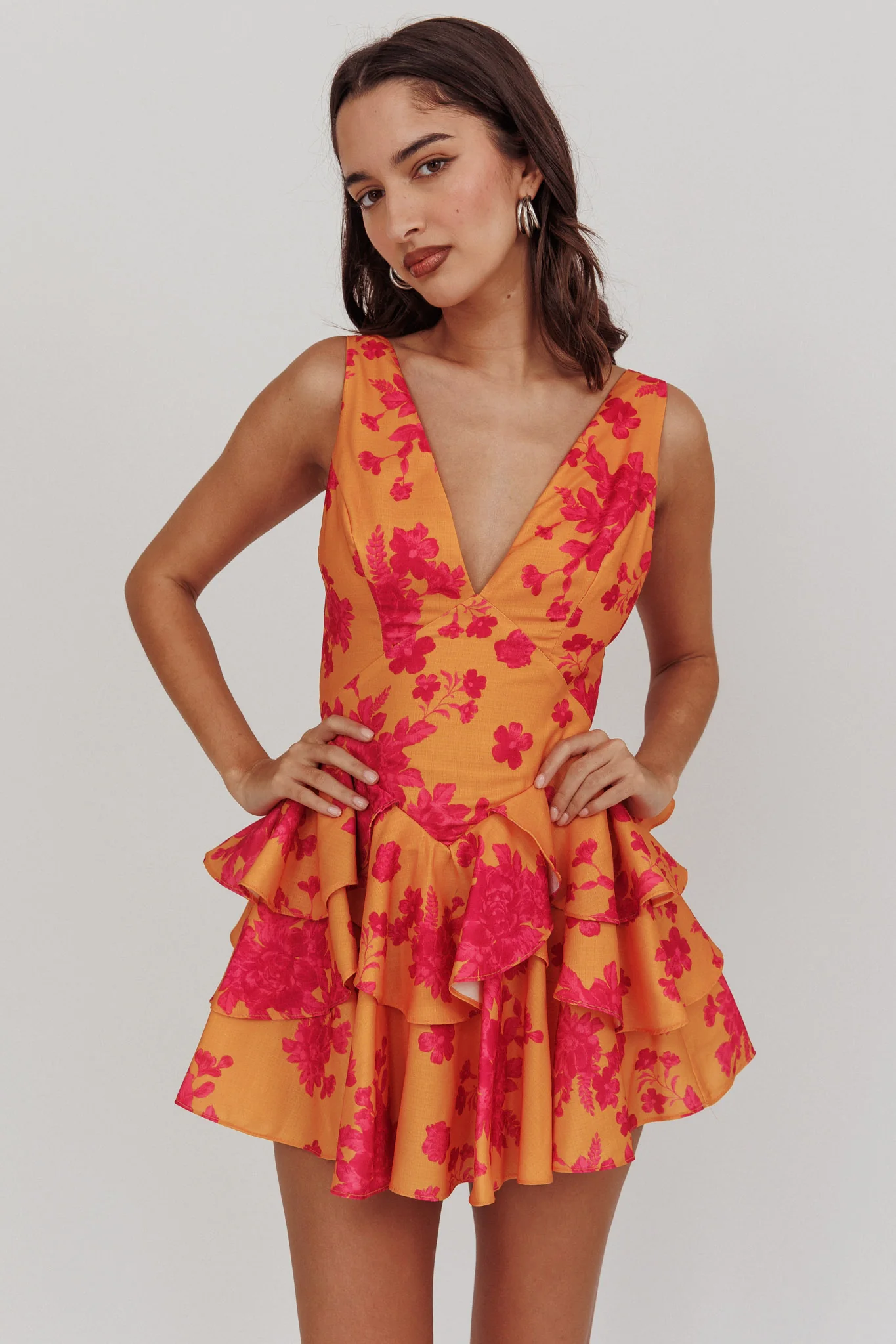 Like Me V-Neck Tied Back Floral Romper Orange - Sonourner