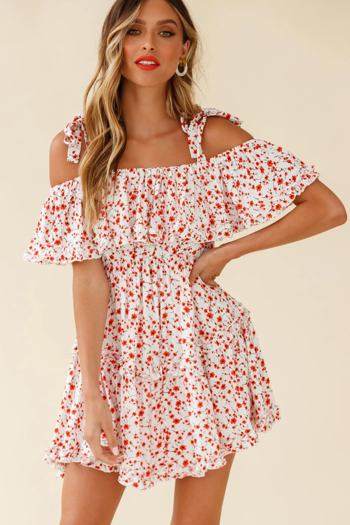 Hacienda Bardot Neckline Frill Dress Floral Print White - Sonourner