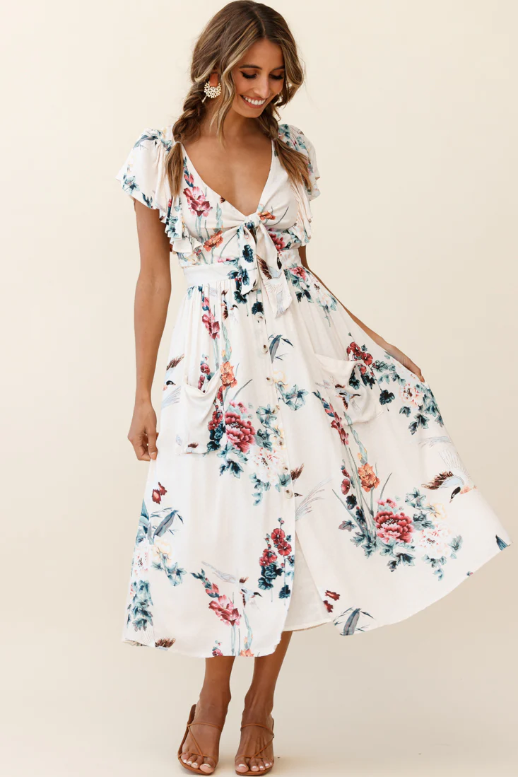 Amelie Tied Bust Pocket Midi Dress Floral Print Beige - Sonourner