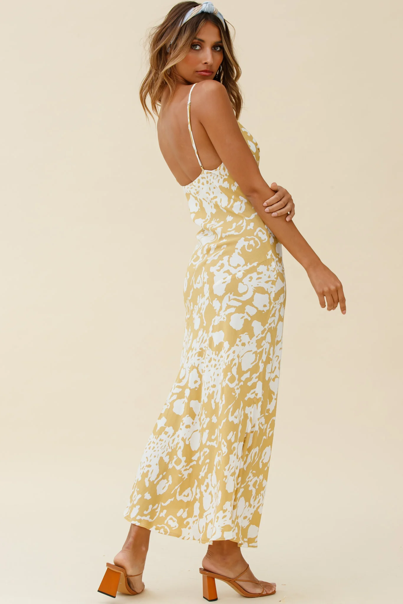 Downtown Cami Strap Front Split Midi Dress Stencil Print Mustard - Sonourner