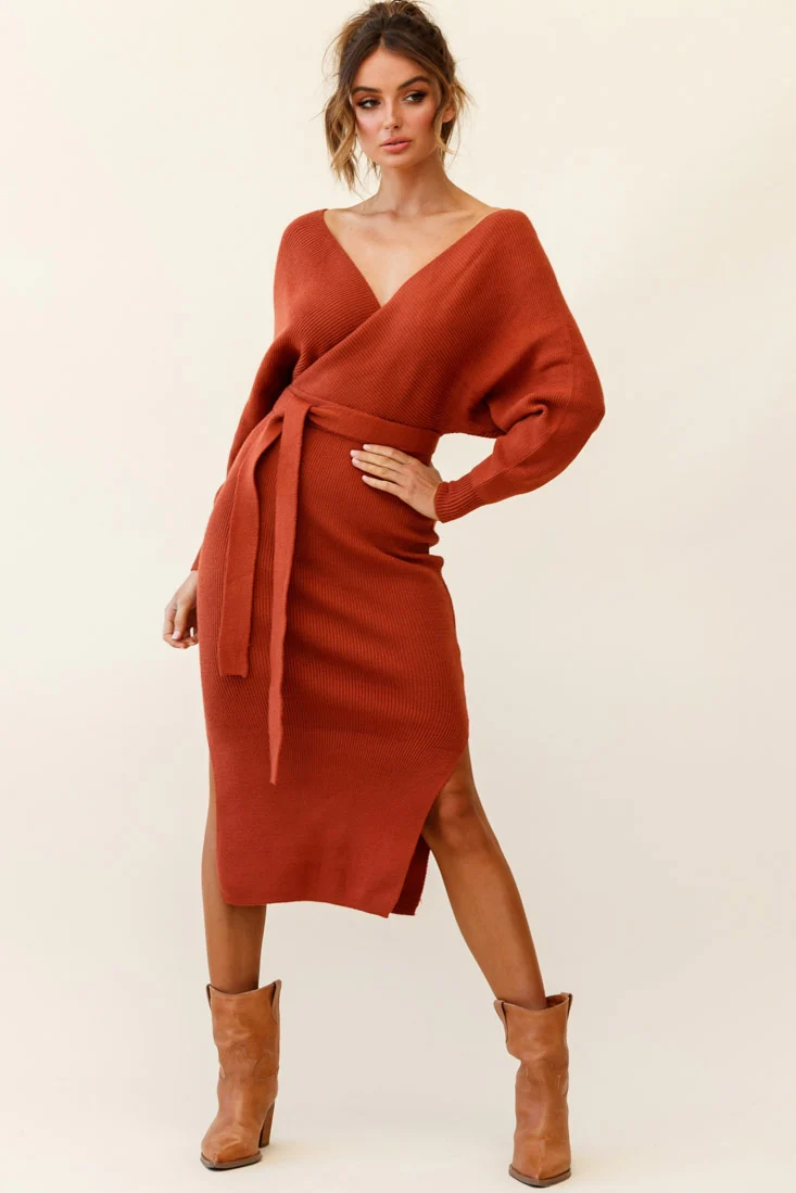 Cameo Batwing Knit Midi Dress Camel - Sonourner