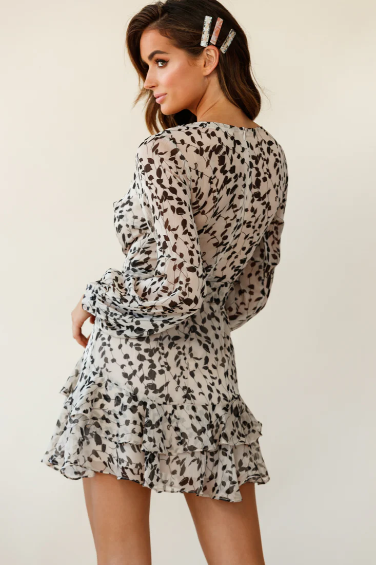 Kerry Layered Long Sleeve Dress Leaf Print Beige - Sonourner