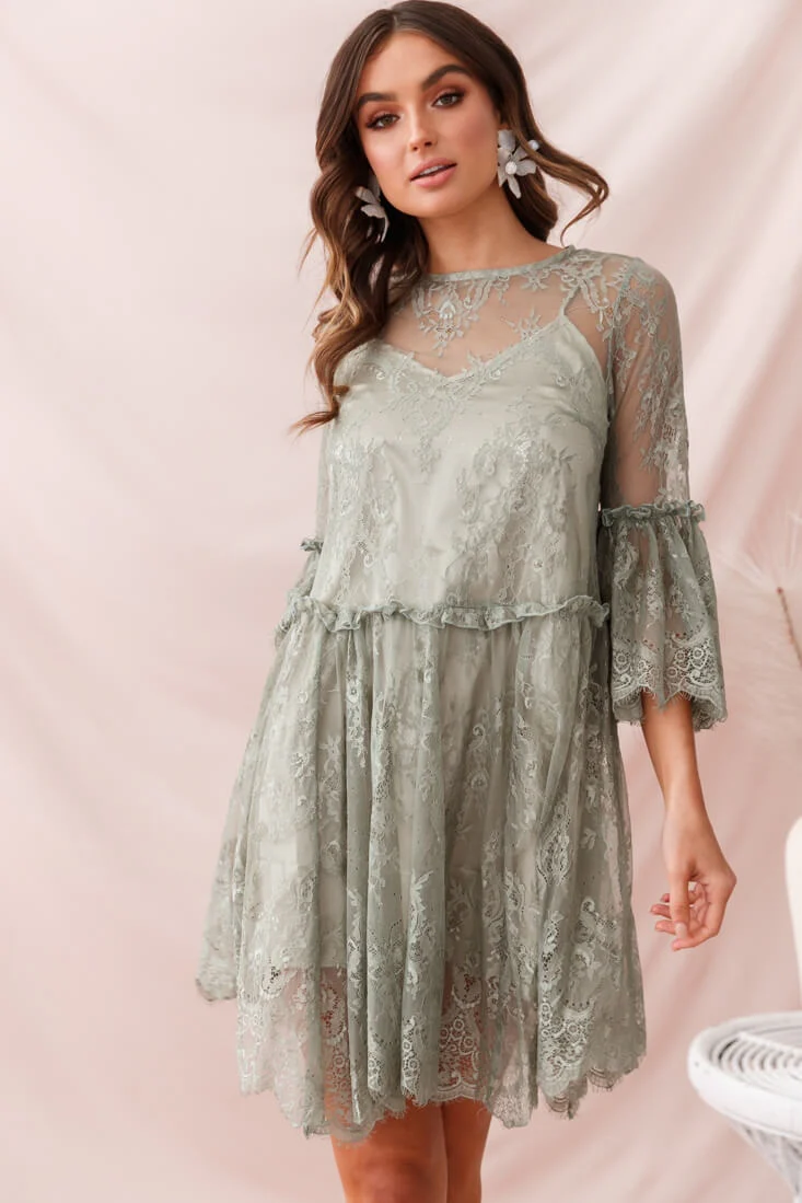 Birdie Lace Overlay Swing Dress Pistachio - Sonourner