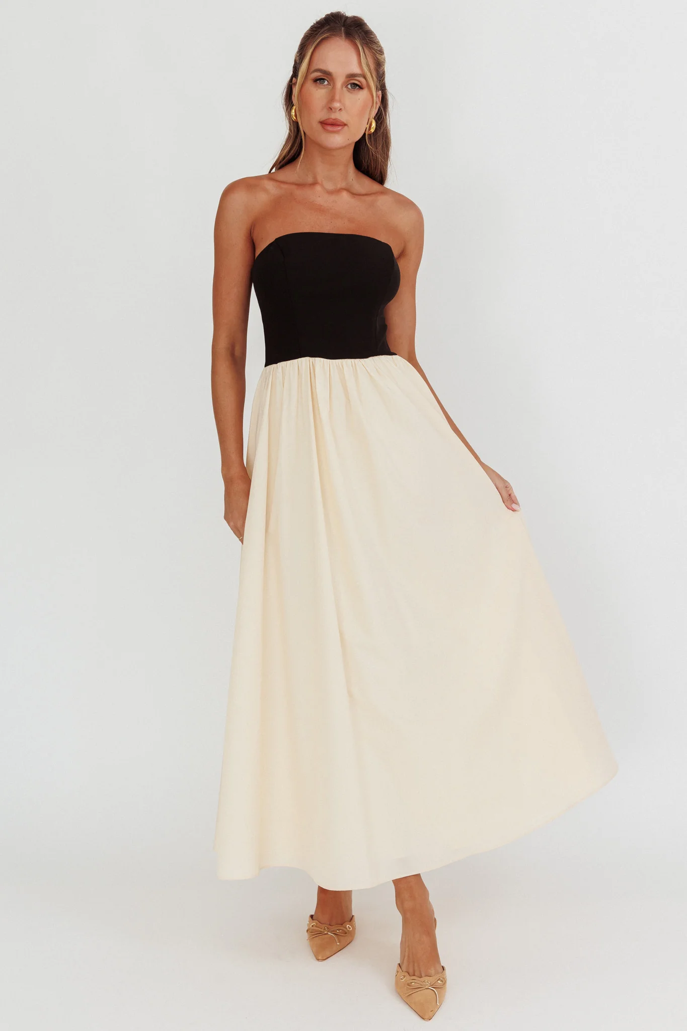 Princess Strapless Contrast Maxi Dress Black/Beige - Sonourner