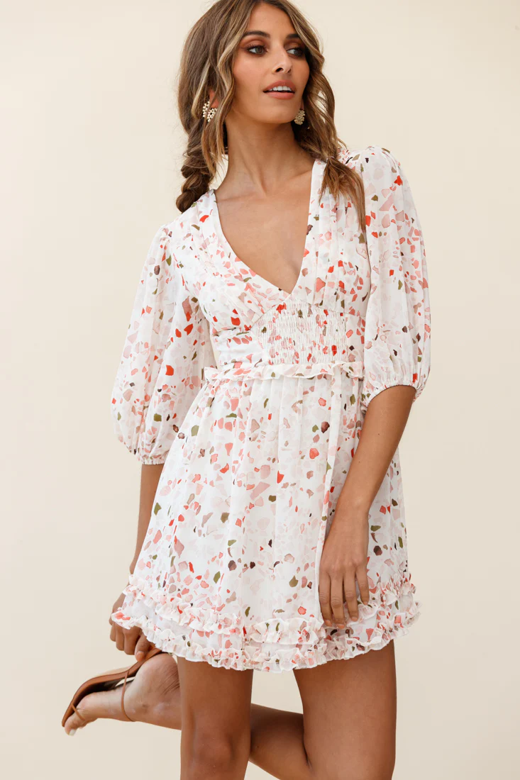 Born Free Shirring Detail Frill Trim Dress Pink Multi - Sonourner