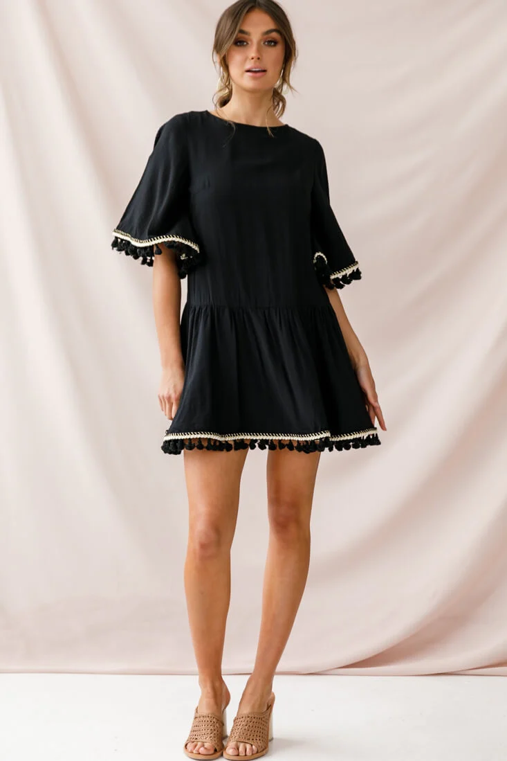 Donna Dropped Waist Tassel Dress Black - Sonourner