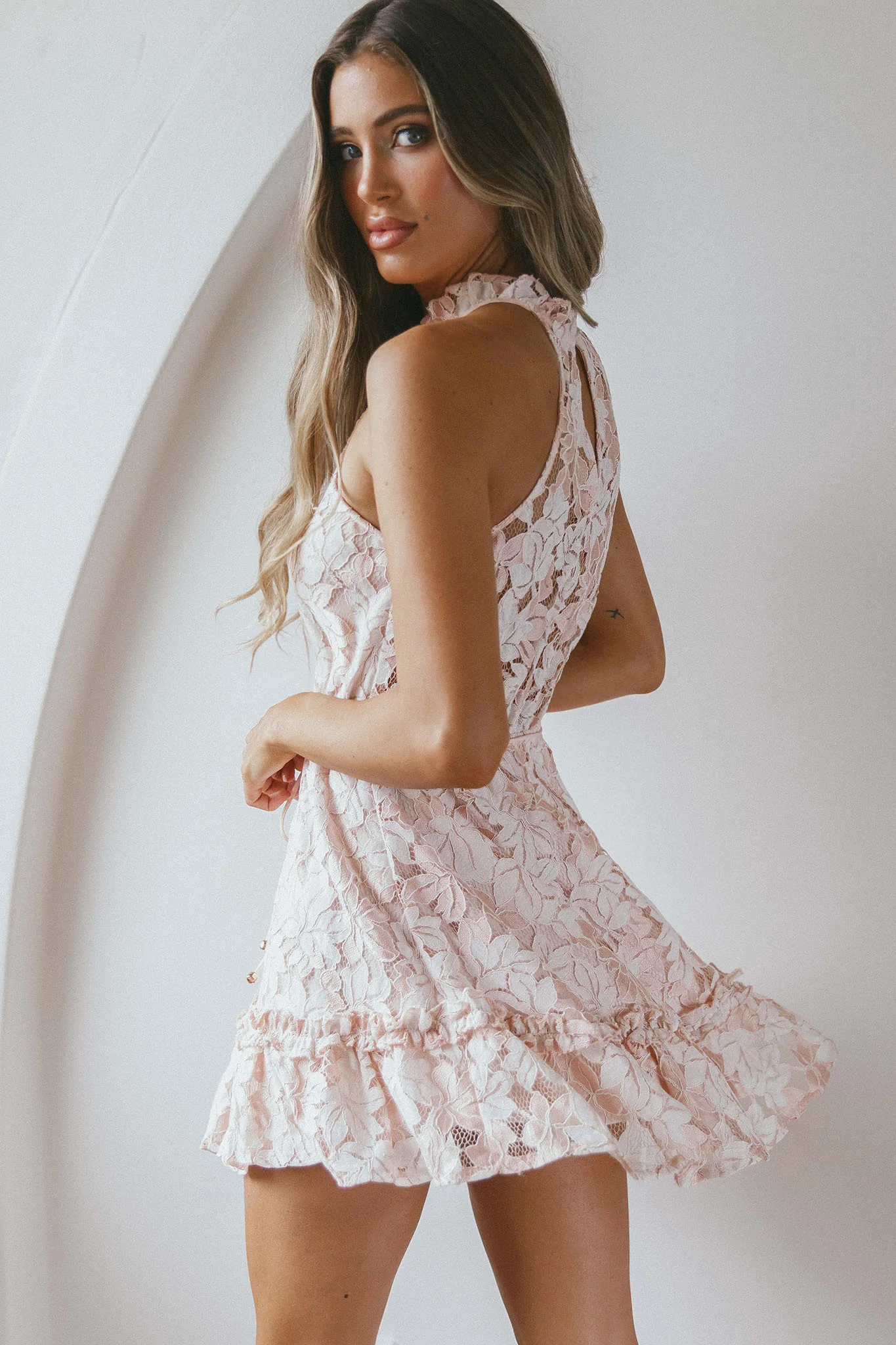 Ever After Halterneck Elasticated Waist Lace Mini Dress Apricot - Sonourner