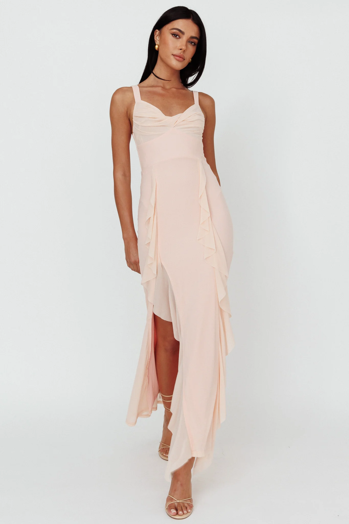 Hollianna Ruffle Trim Split Maxi Dress Champagne - Sonourner