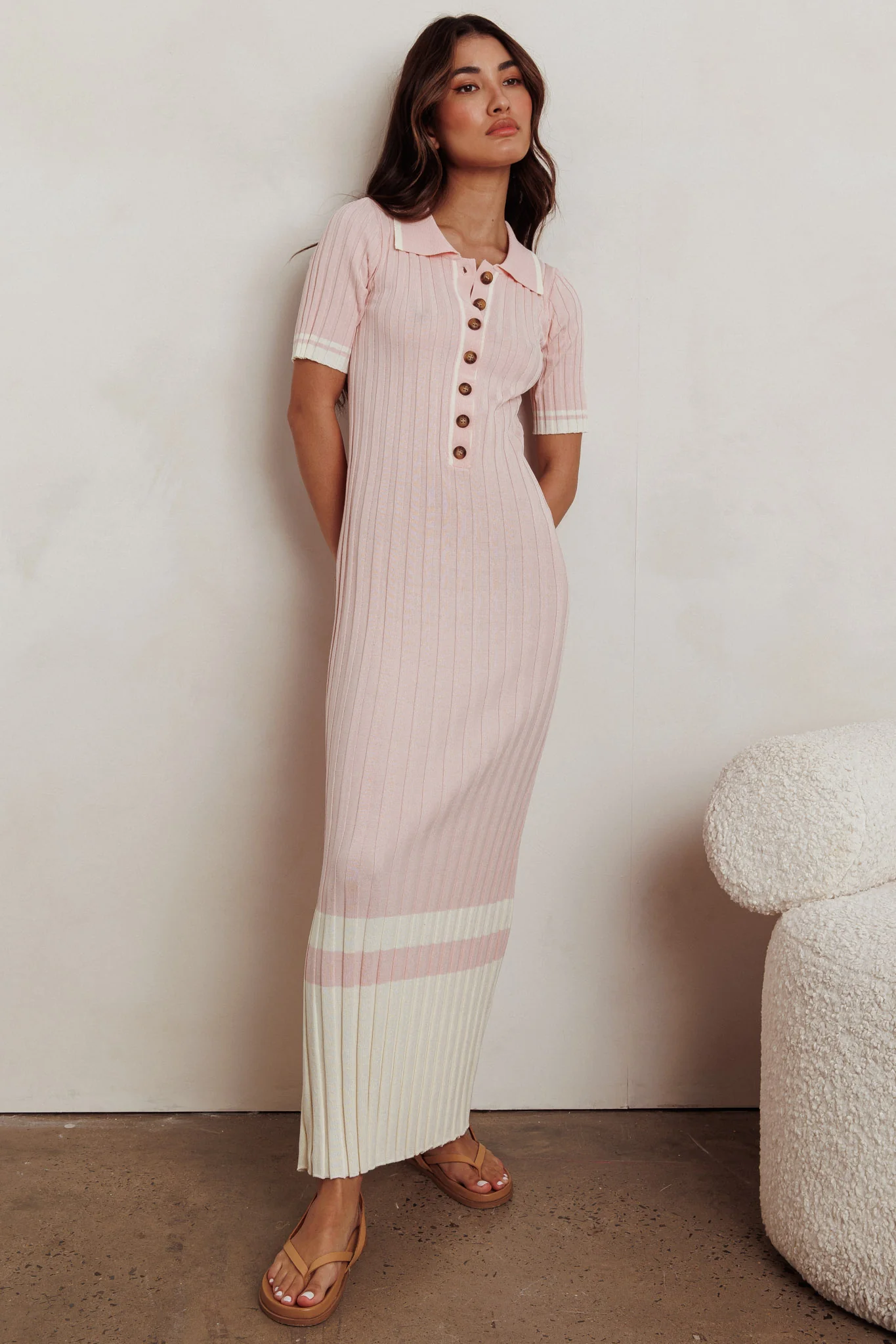 Cayla Button-Up Ribbed Knit Dress Pink - Sonourner