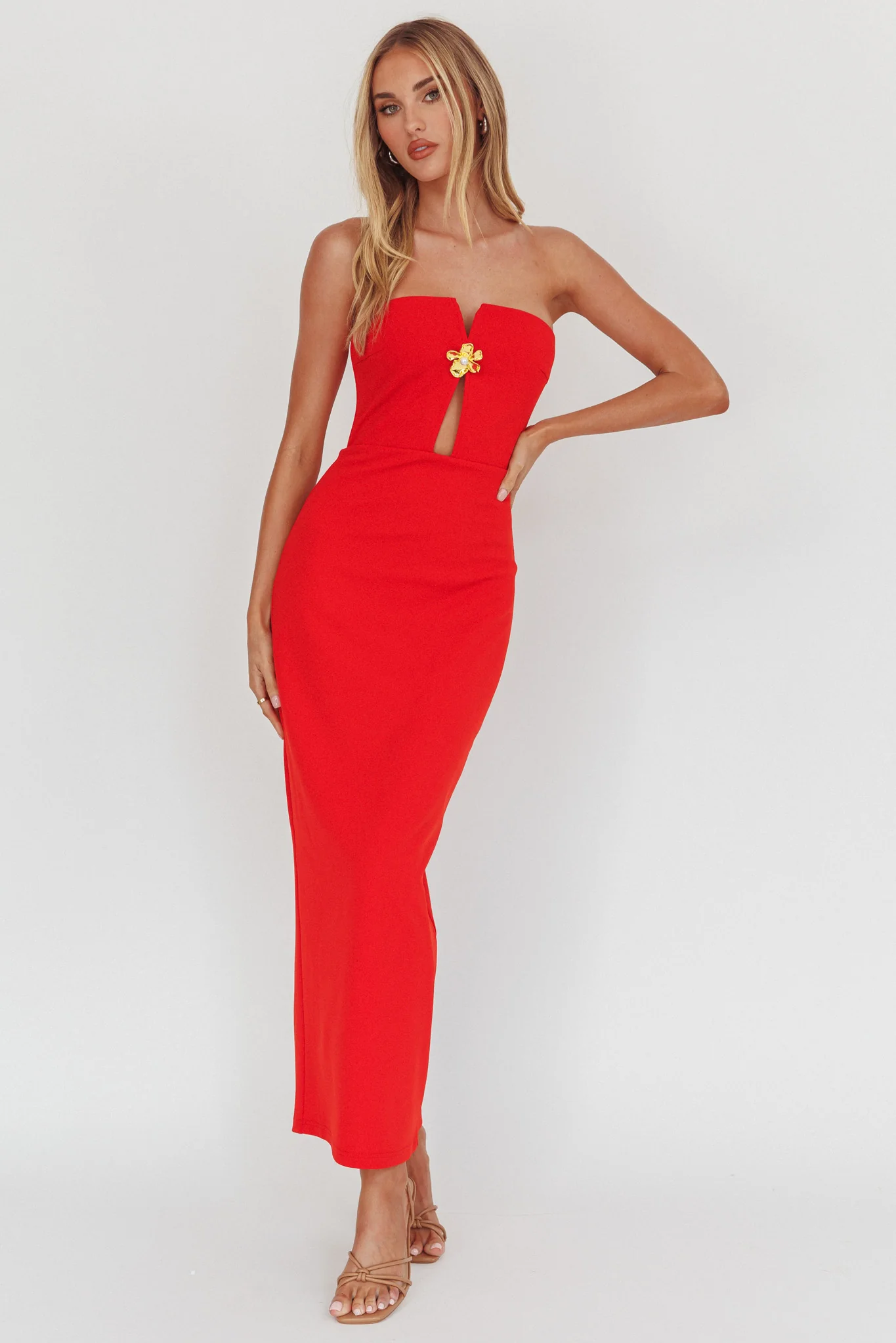 Sonrisa Strapless Cut-Out Maxi Dress Red - Sonourner