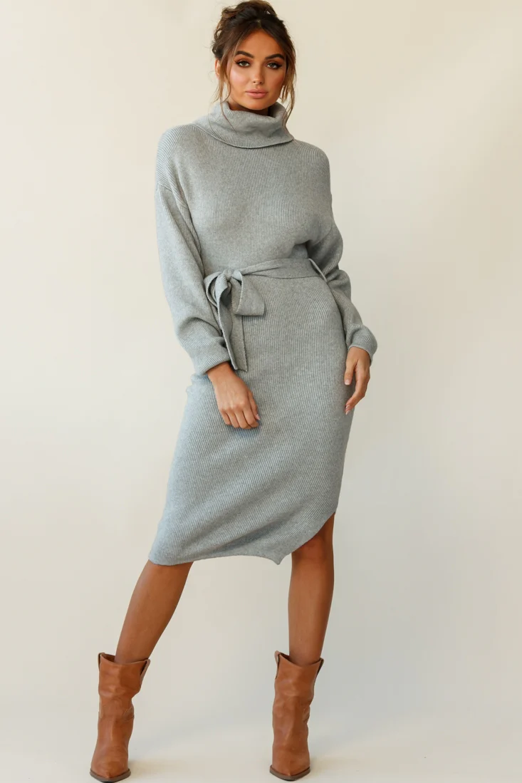 Marco Long Sleeve Turtleneck Knit Midi Dress Grey - Sonourner