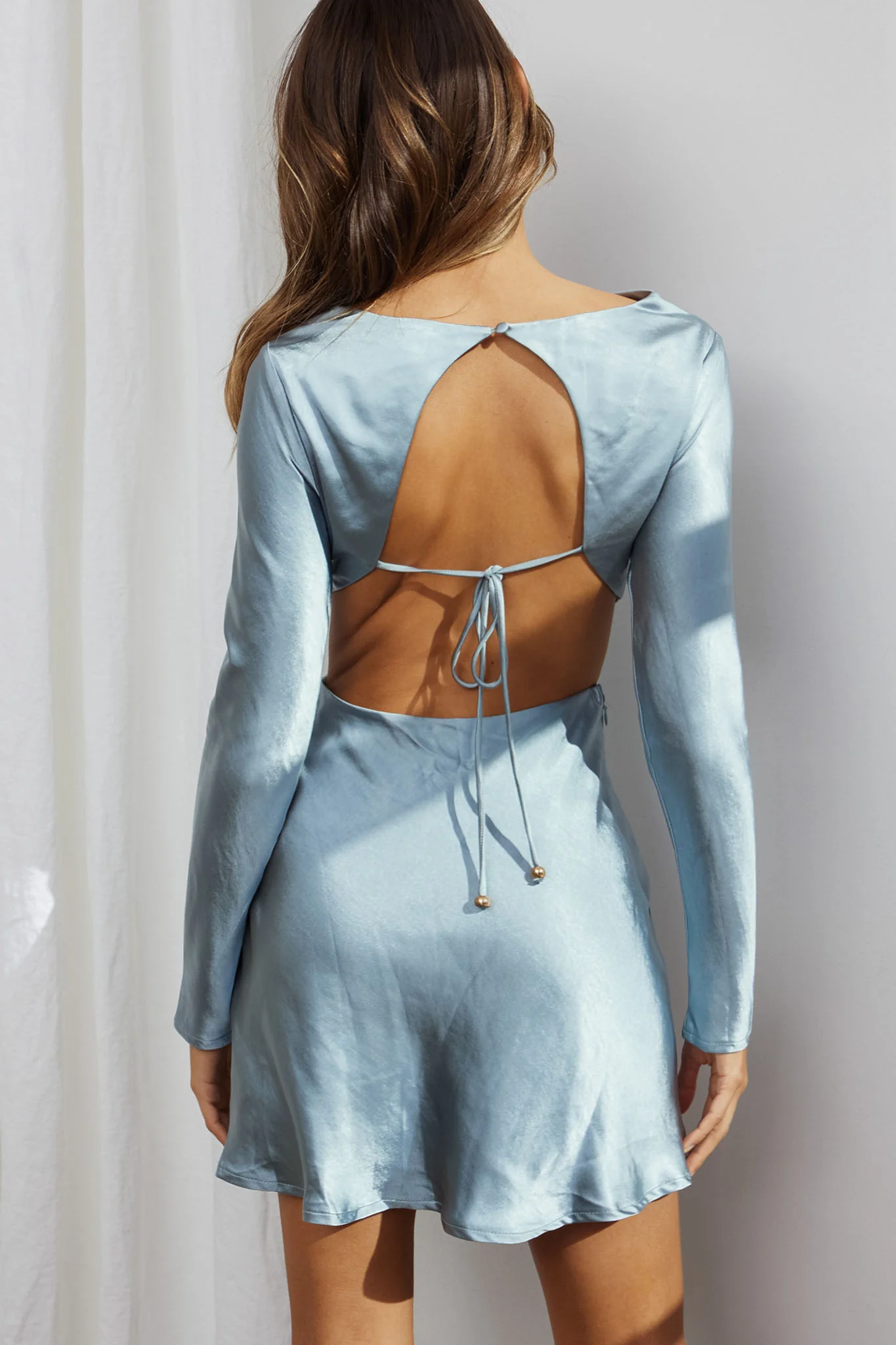 Northern Lights Long Sleeve Open Back Satin Mini Dress Blue - Sonourner