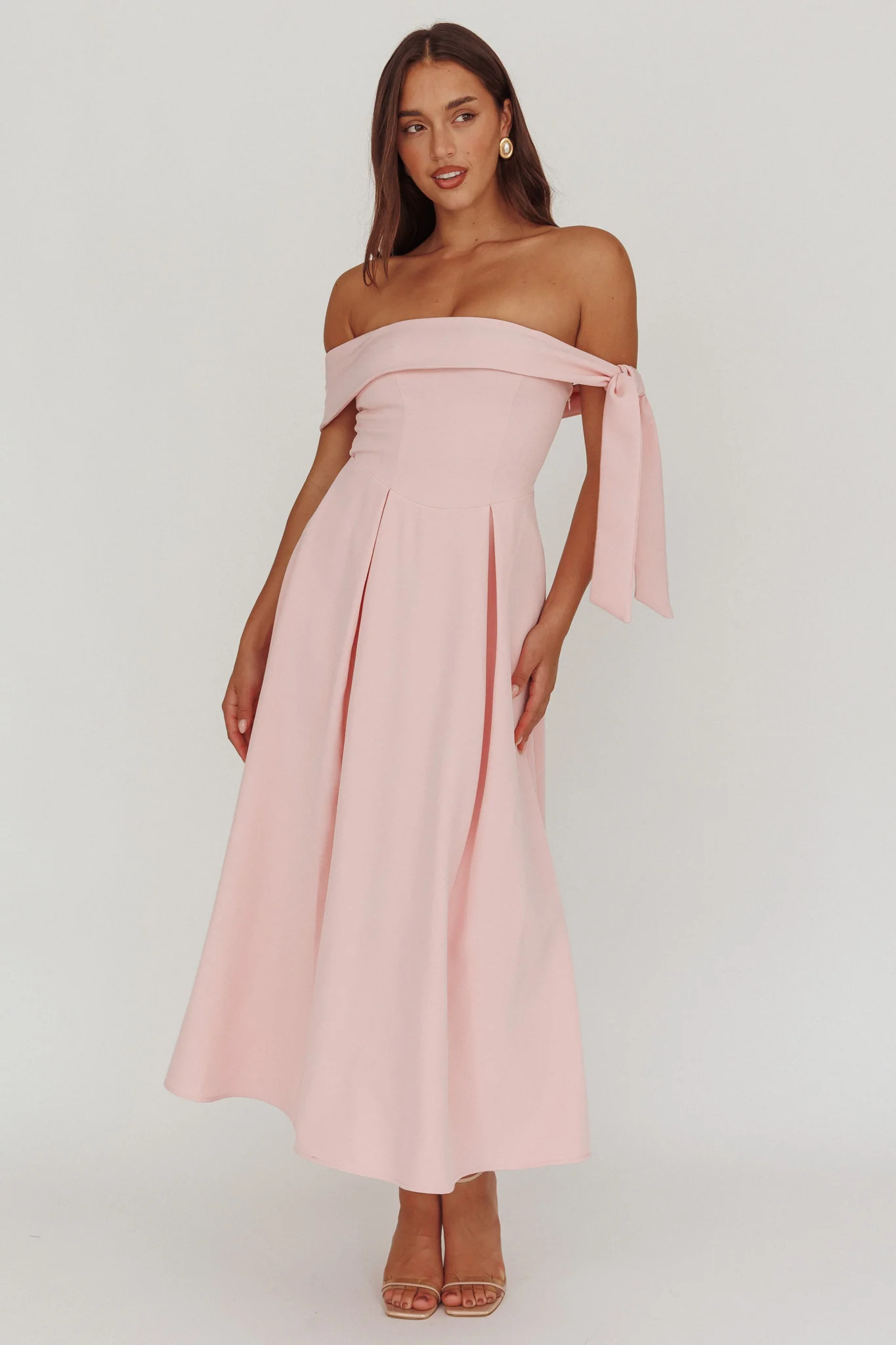 Aurora Sky Off-Shoulder Box Pleat Midi Dress Pink - Sonourner