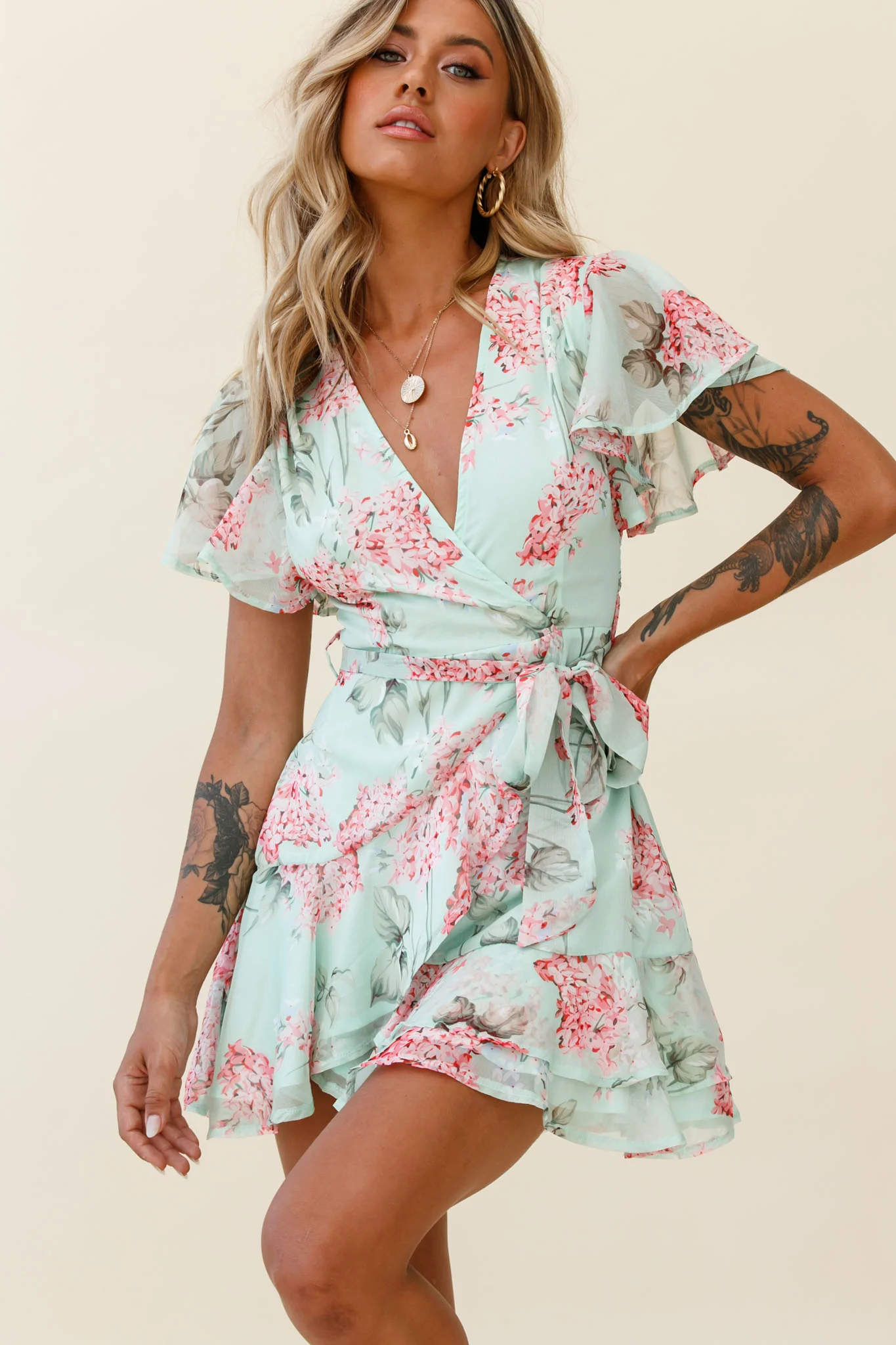 Cami Angel Sleeve Faux Wrap Dress Hydrangea Print Mint/Pink - Sonourner