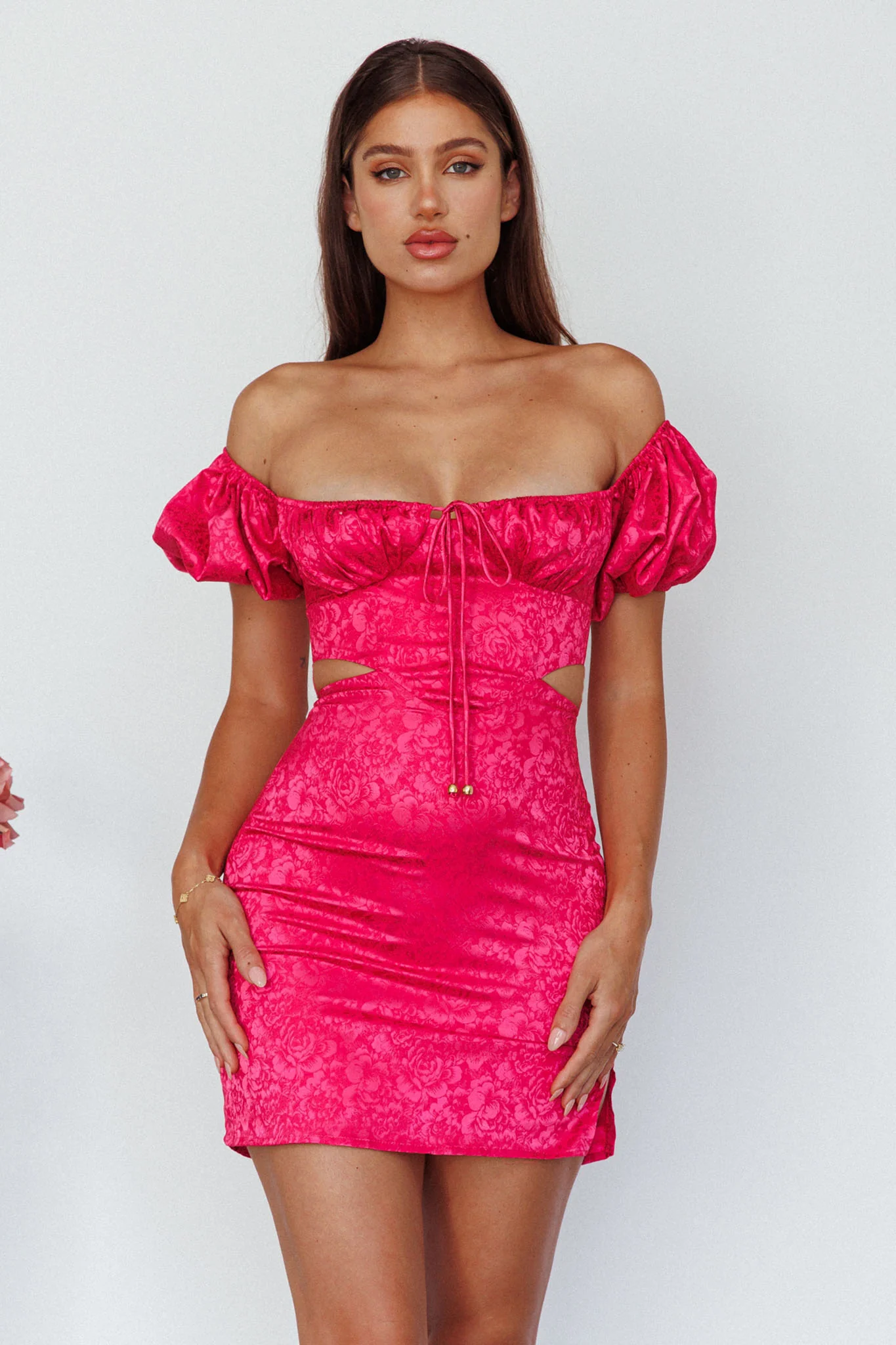 Eryn Puff Sleeve Jacquard Mini Dress Hot Pink - Sonourner