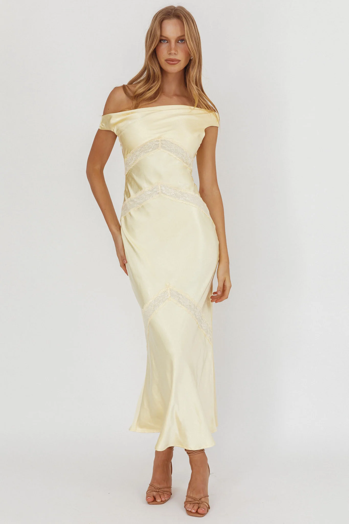 Revelation Off-Shoulder Lace Trim Maxi Dress Butter - Sonourner