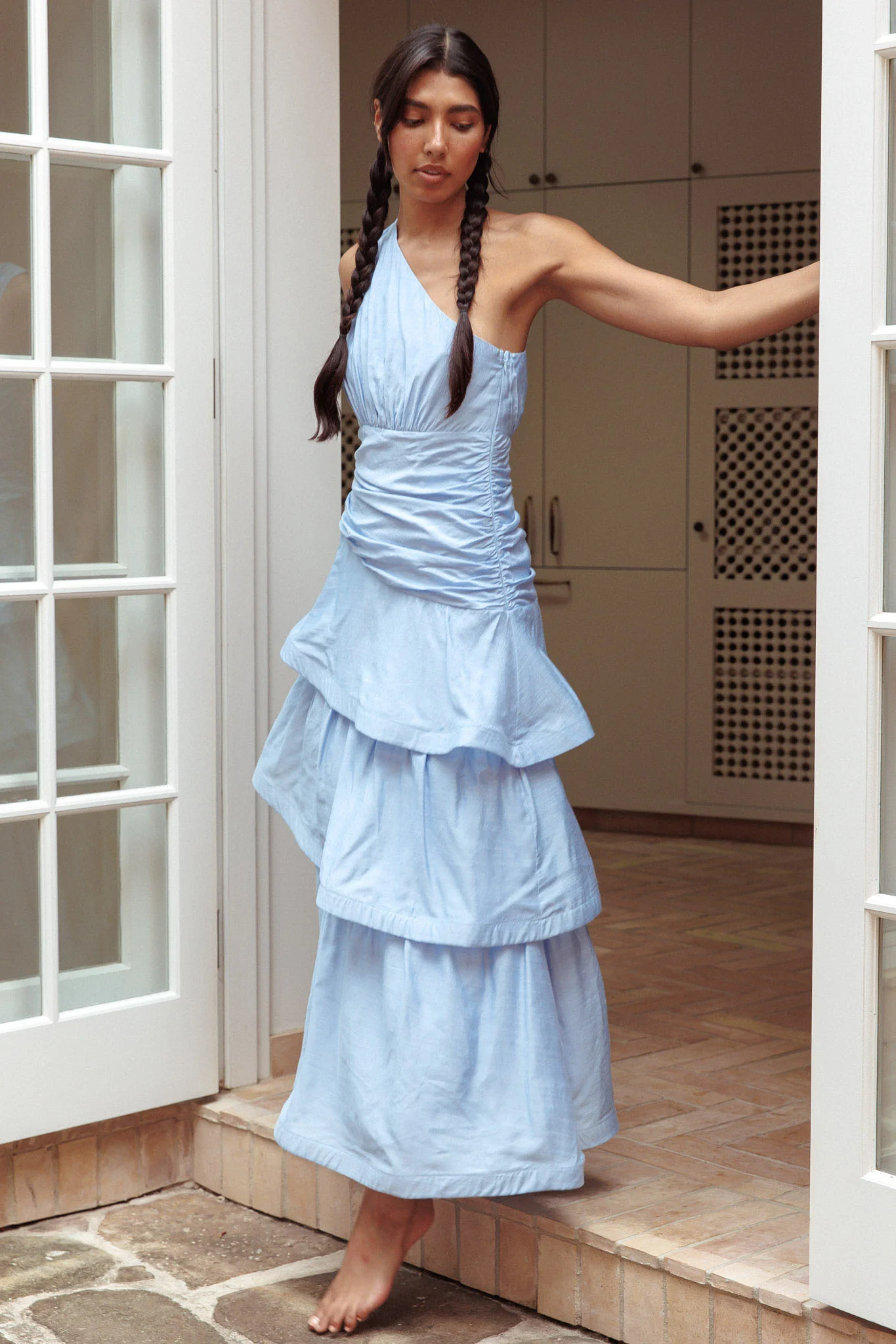 Kenny One Shoulder Tiered Maxi Dress Solid Blue - Sonourner