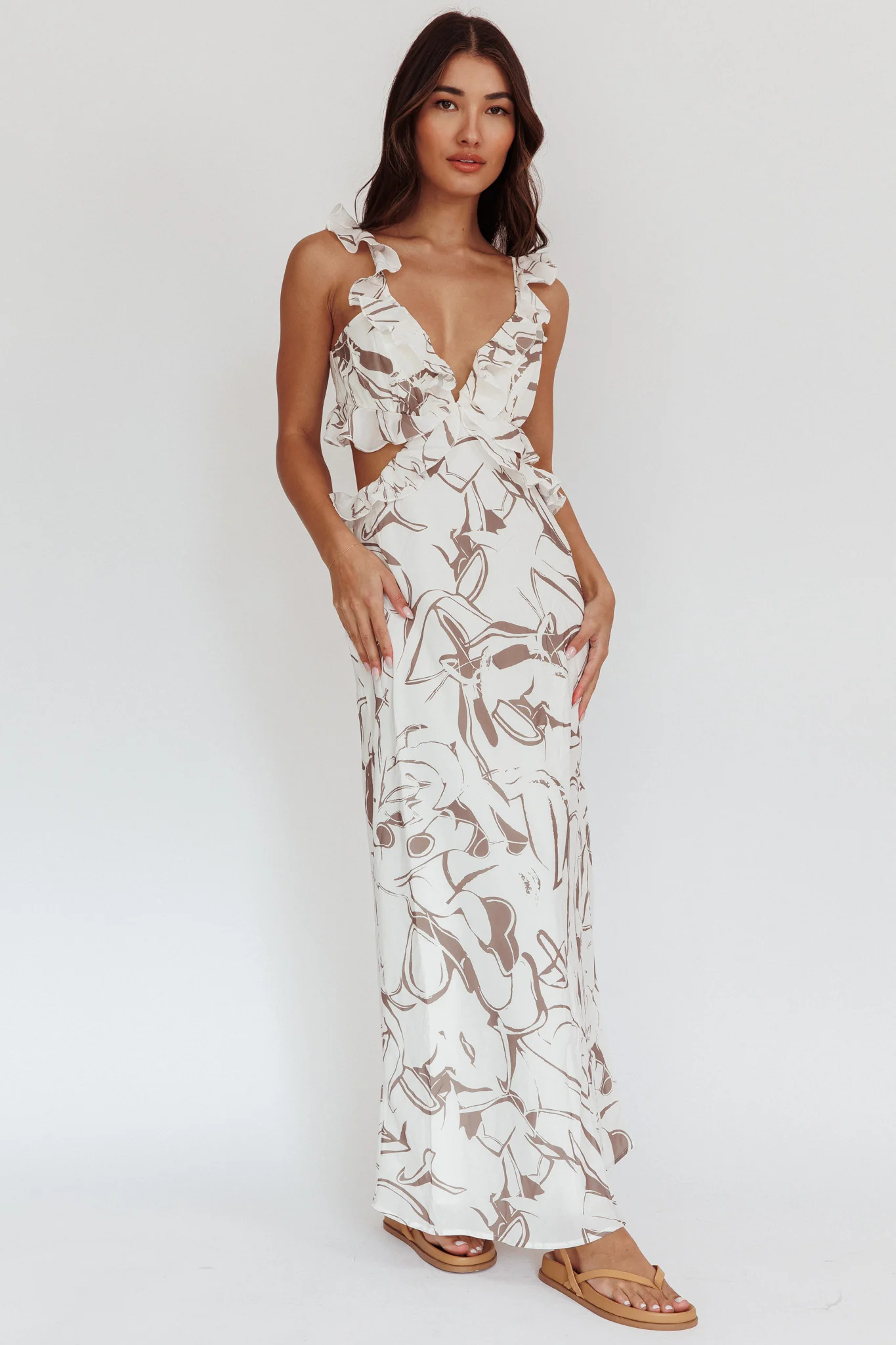 Second Chances Ruffle Trim Maxi Dress Mocha - Sonourner