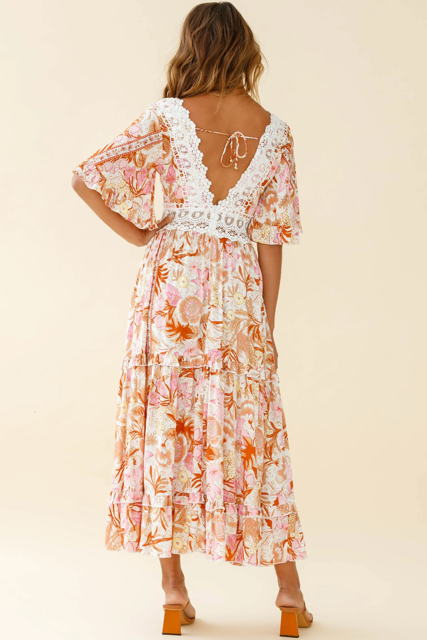 Indio Crochet Insert Deep V-Neckline Angel Sleeve Maxi Dress Floral Print Pink - Sonourner