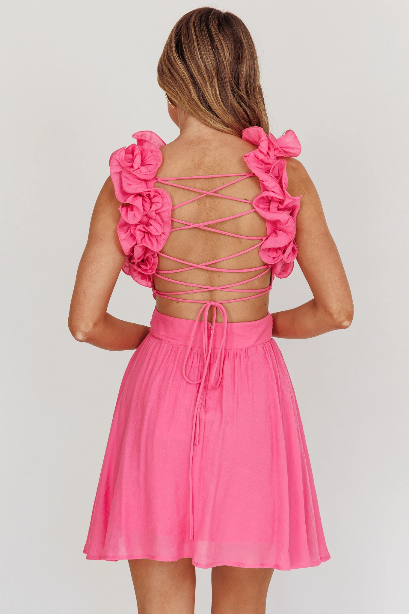 Madara Lace-Up Back Mini Dress Hot Pink - Sonourner