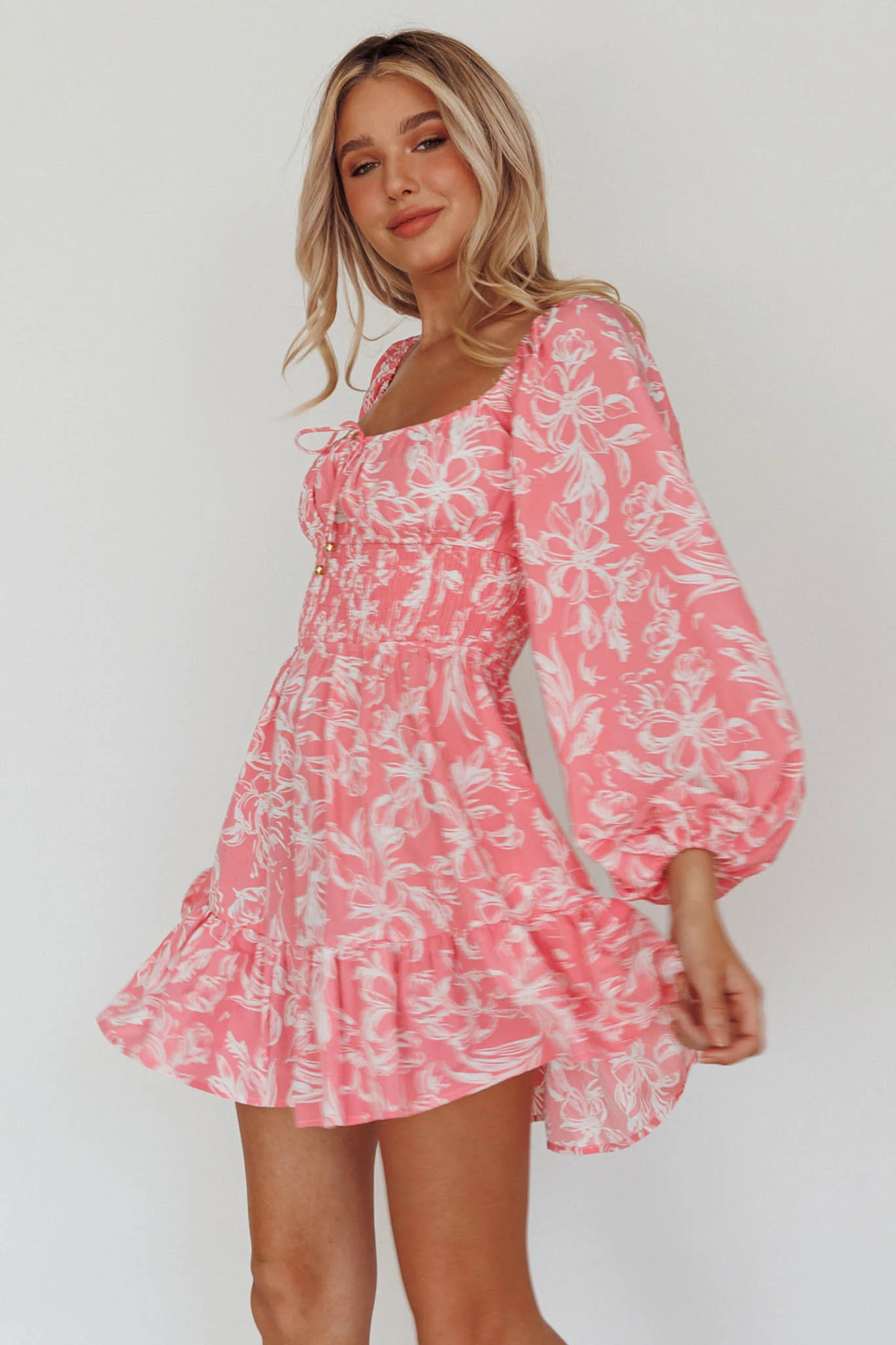 Amilie Shirred Long Sleeve Dress Floral Pink - Sonourner