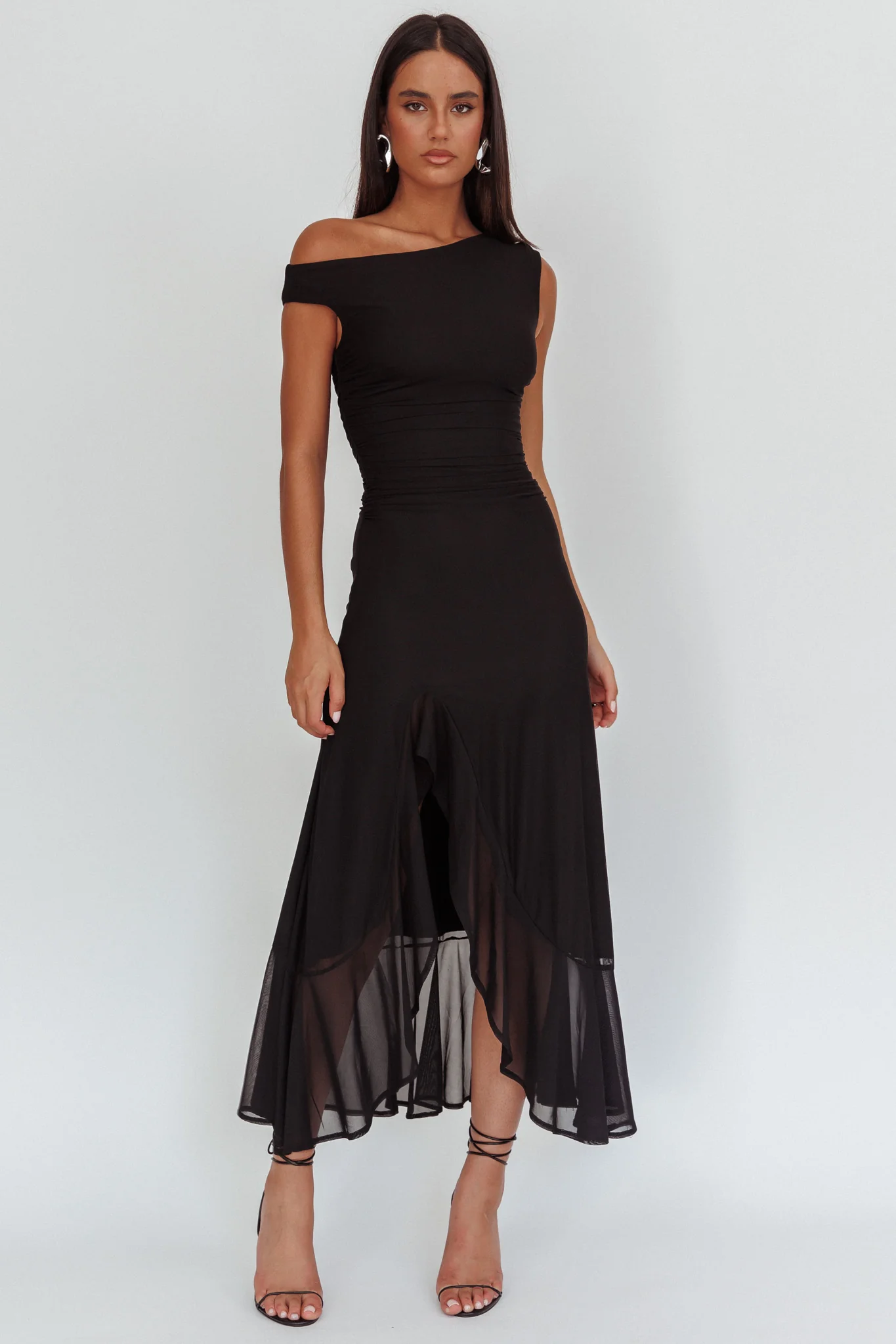 Moonlit Magic Asymmetric Neckline Maxi Dress Black - Sonourner