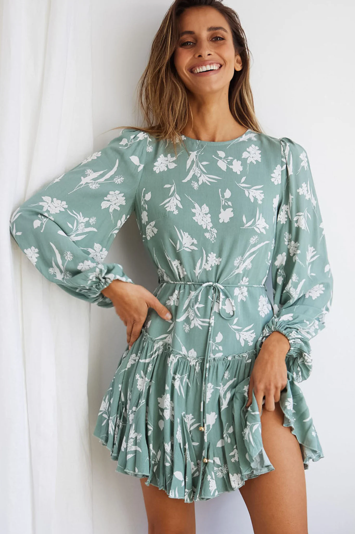 Rosabel Balloon Sleeve Fluted Hem Dress Botanic Print Sage - Sonourner