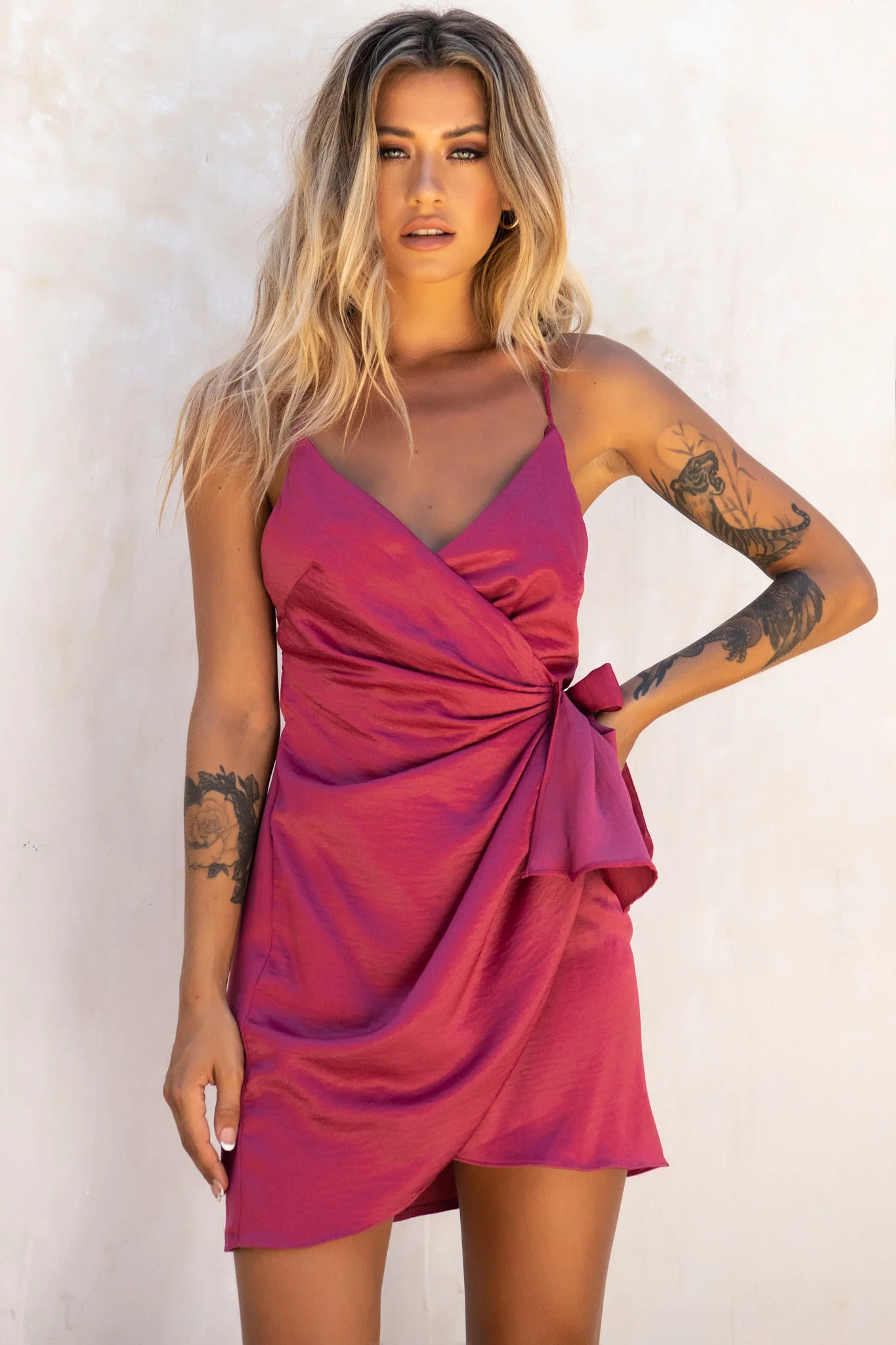 Medellin Gathered Detail Side-Tie Wrap Dress Rose - Sonourner