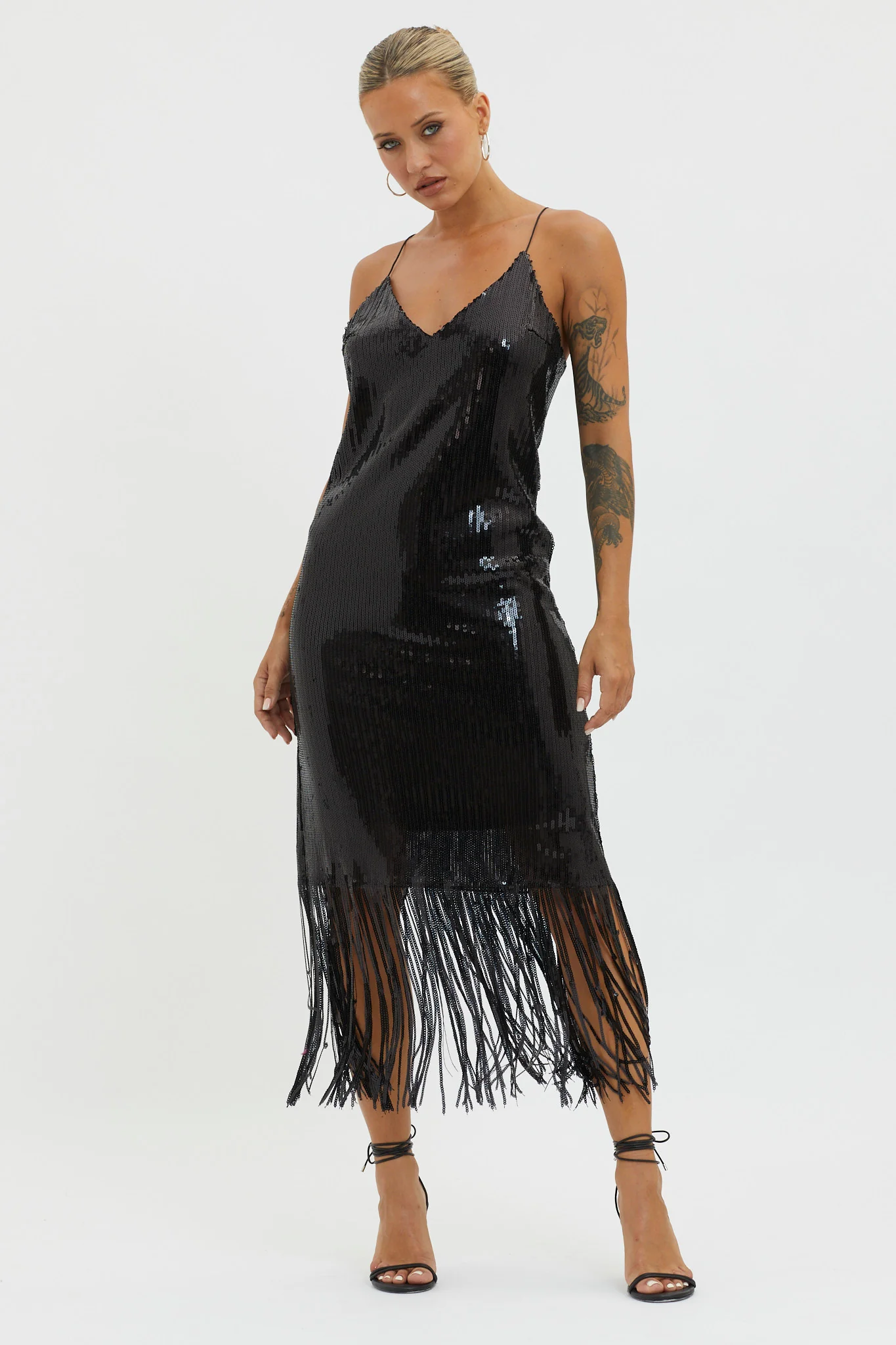 Halo Moon Sequin Fringe Midi Dress Black - Sonourner