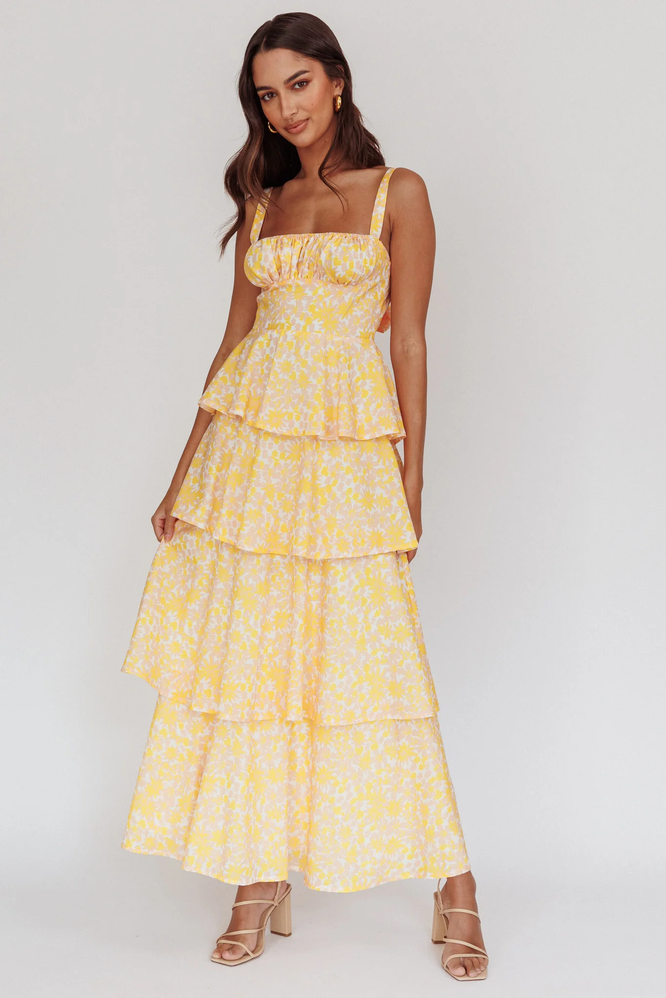 Provence Bloom Tiered Ruffle Floral Maxi Dress Yellow - Sonourner