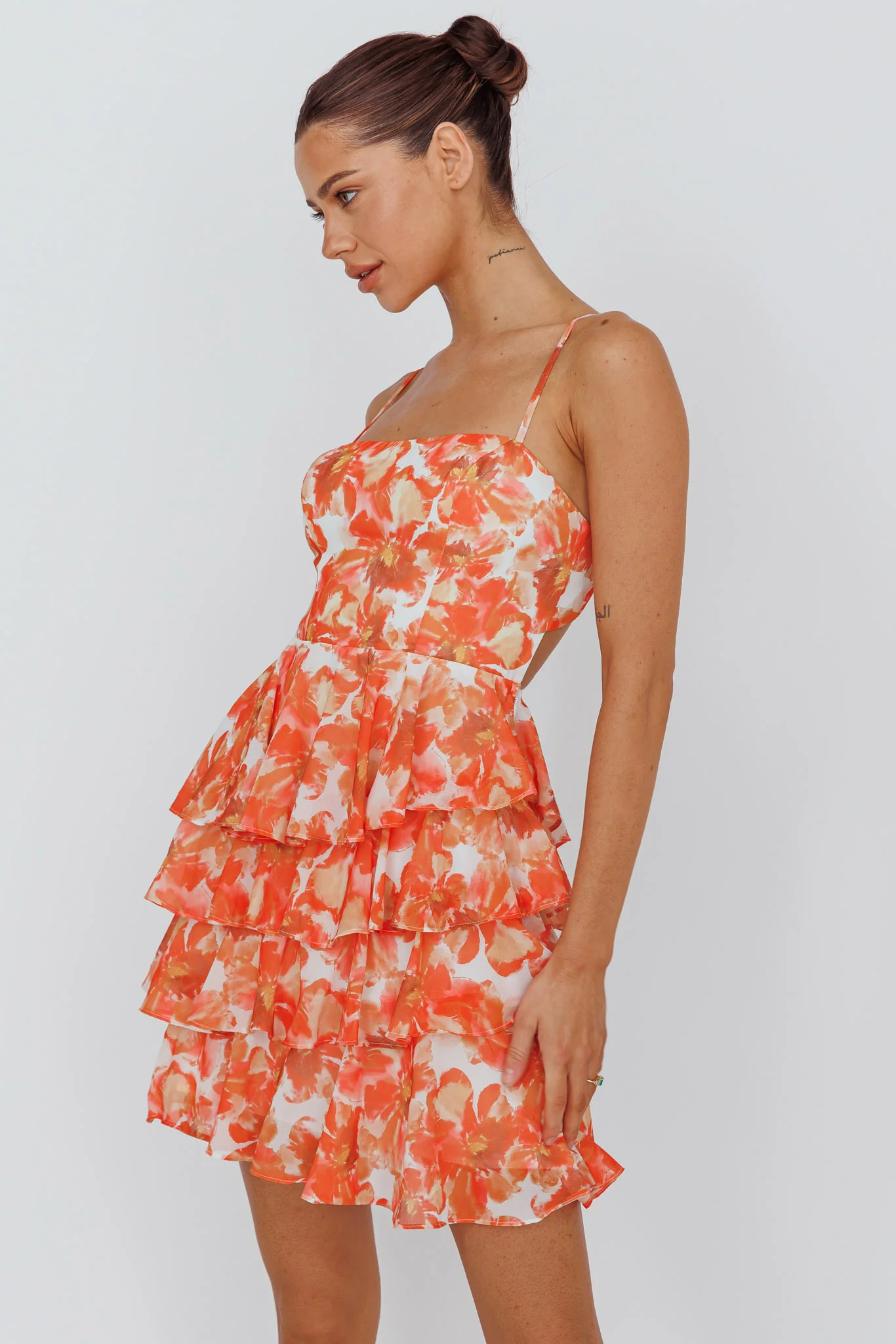Lauran Tied Back Frill Dress Floral Orange - Sonourner