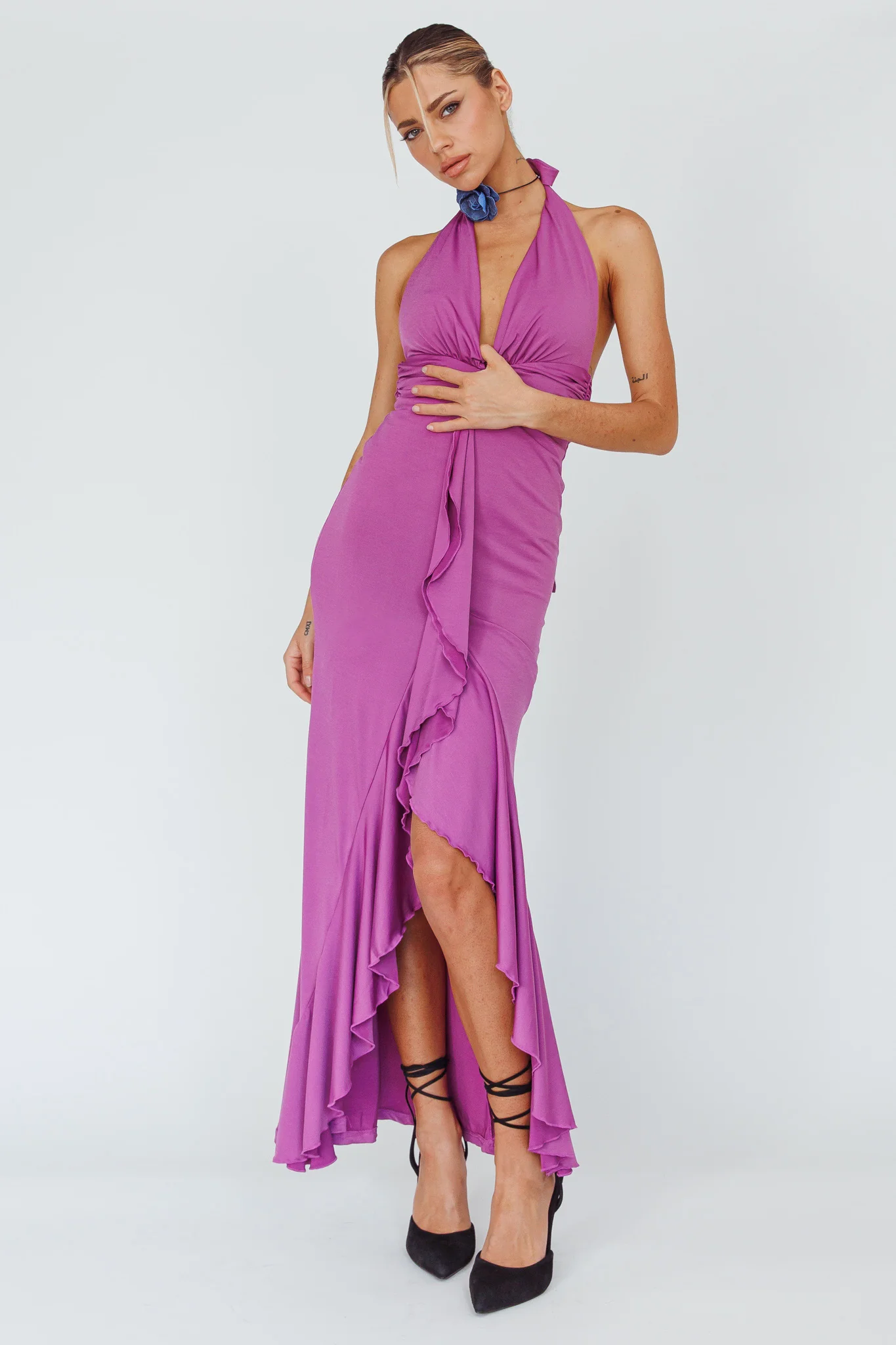 Zaphirah Halterneck Ruffle Dress Magenta - Sonourner